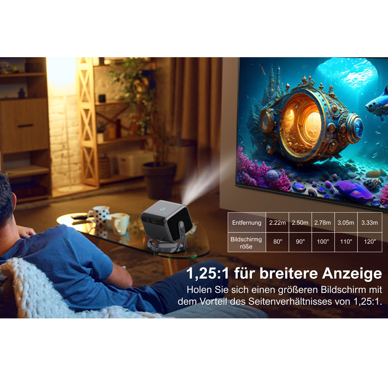 Eine Person sieht sich einen Projektorbildschirm an. Der Bildschirm zeigt eine farbenfrohe Unterwasserszene.