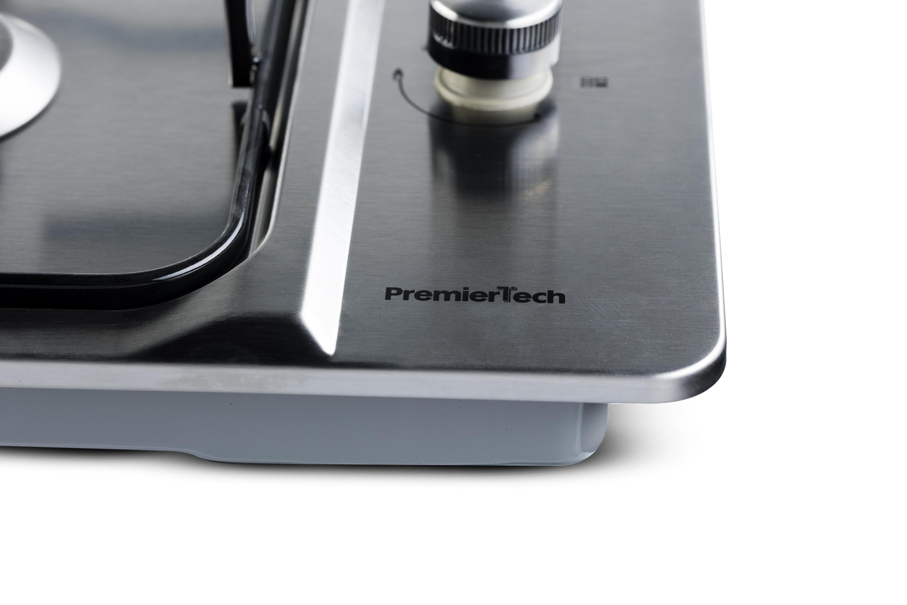Piano cottura in acciaio inossidabile con un bruciatore e un logo PremierTech. Lo sfondo è bianco.