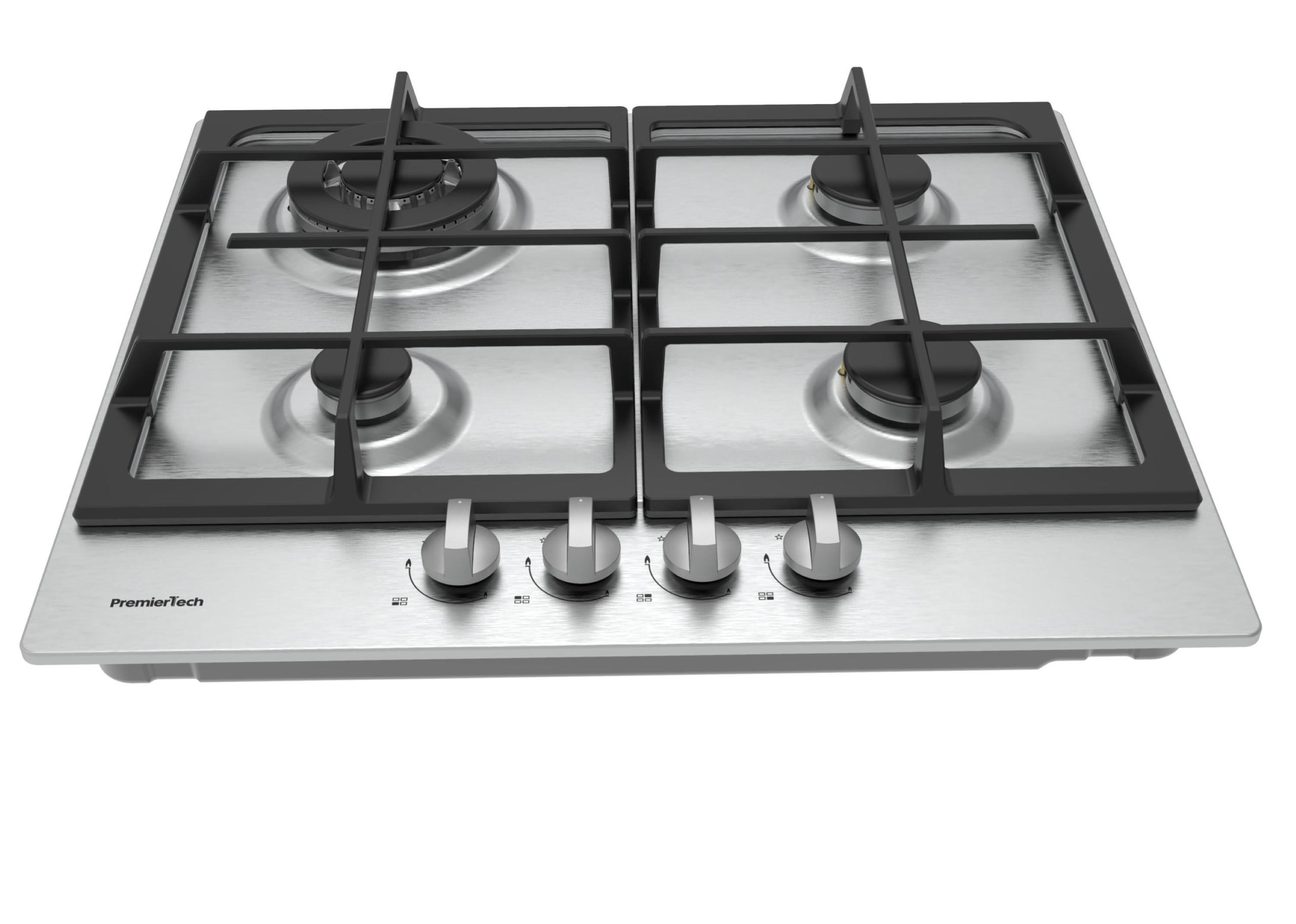 Un piano cottura a gas in acciaio inossidabile con quattro bruciatori e manopole. Visibile il marchio PremierTech.