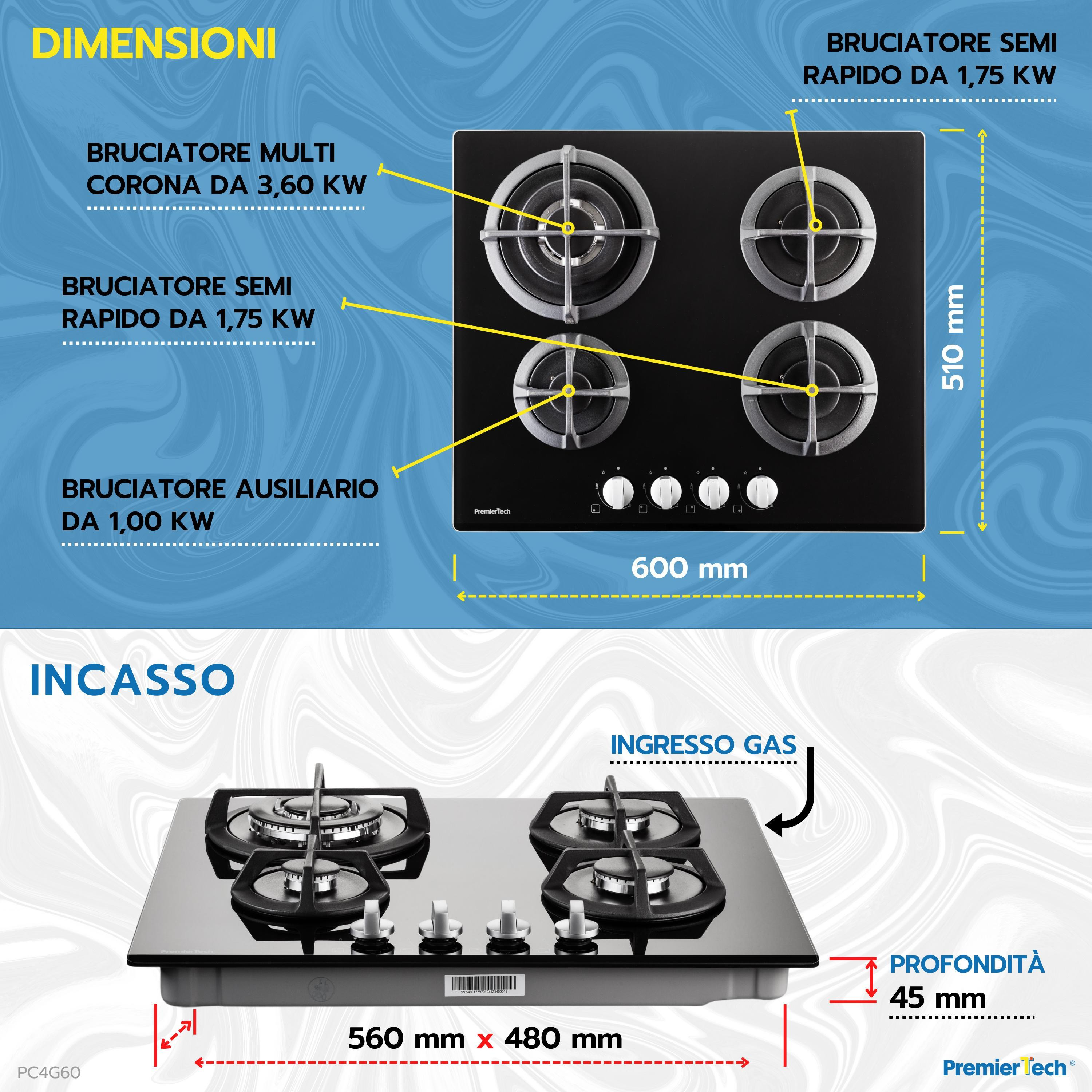 Un layout di fornello a gas nero con dimensioni ed etichette.
