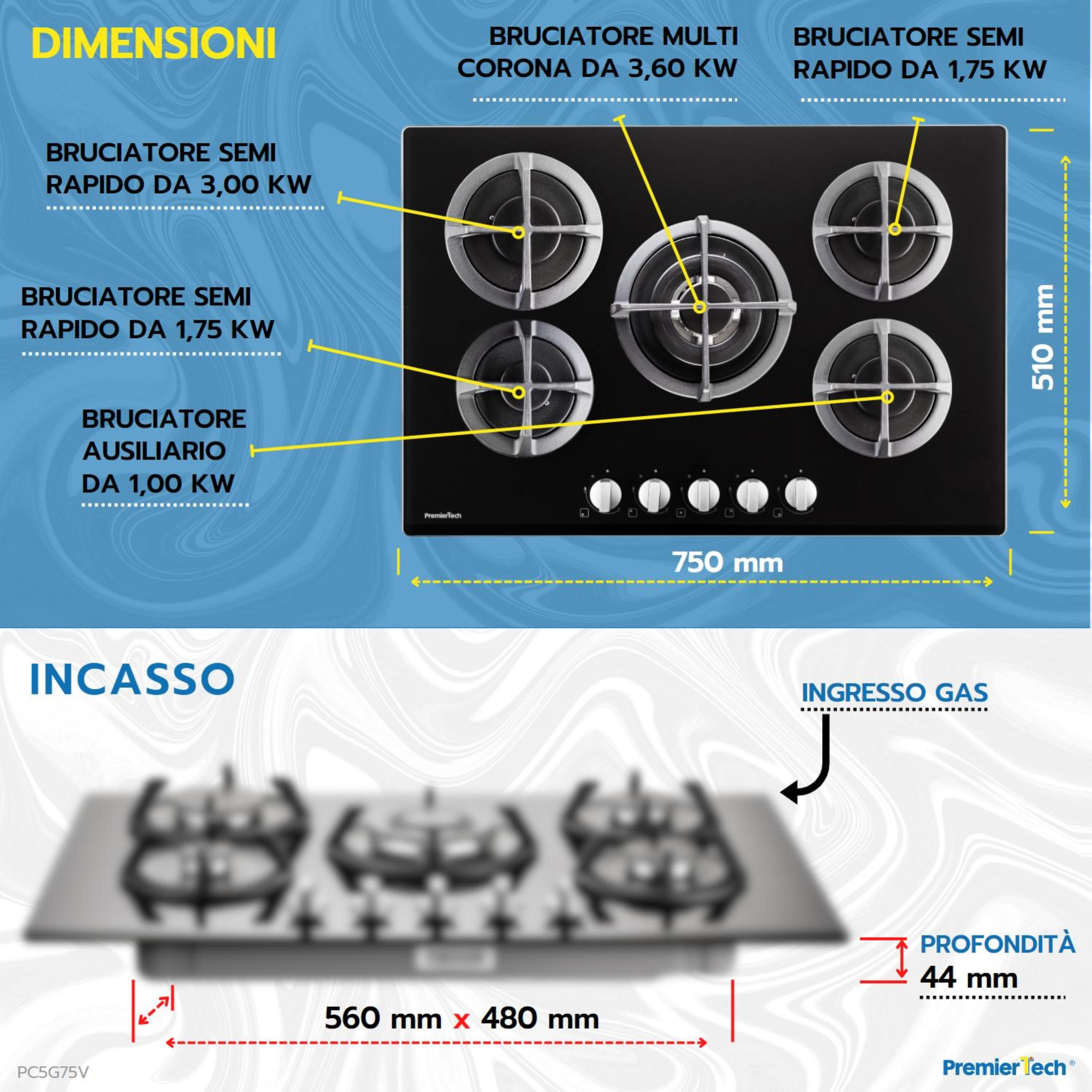 Schema di un piano cottura nero con 5 bruciatori, dimensioni e dettagli di ingresso del gas. Lo sfondo è blu.