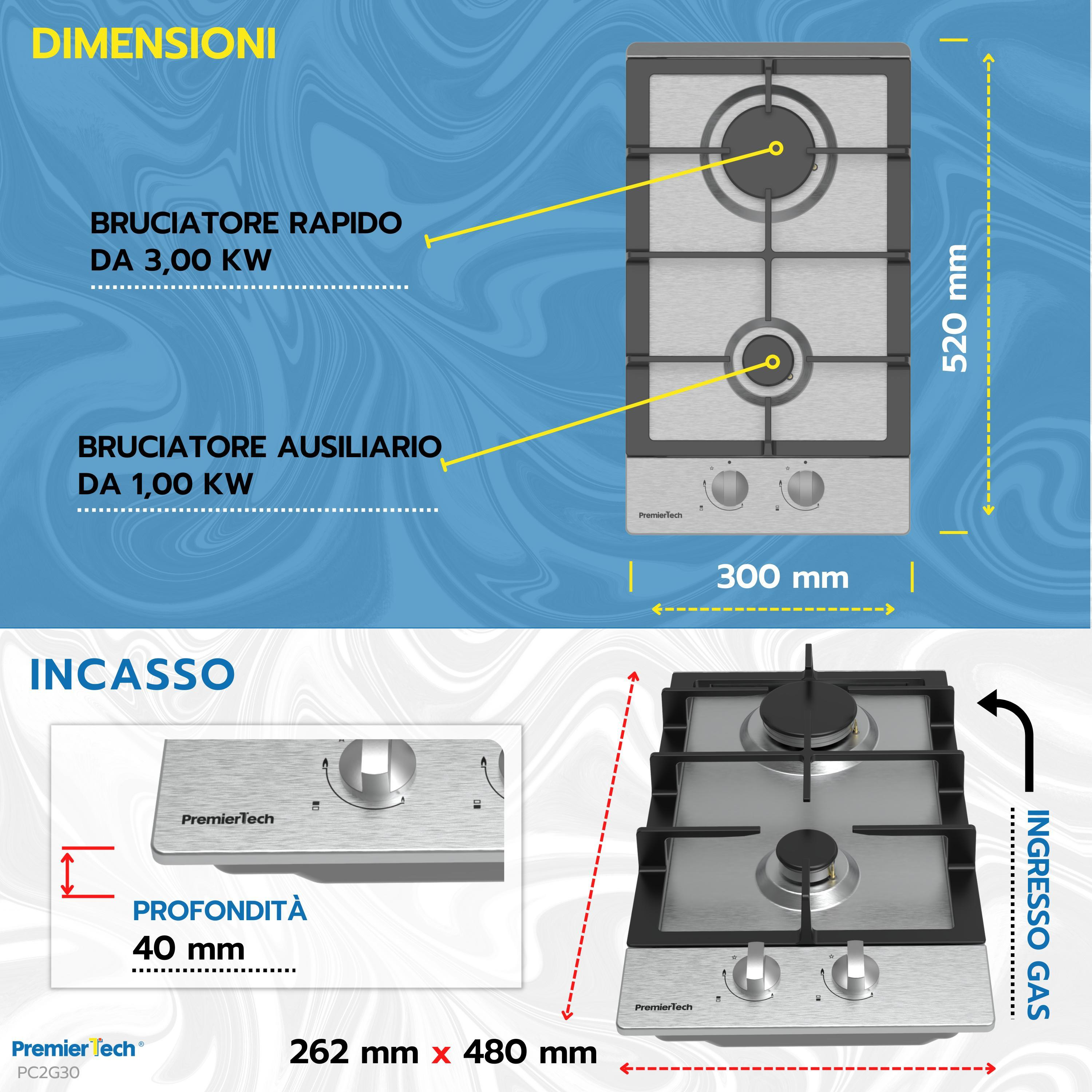 Diagramma con dimensioni piano cottura a gas, dettagli bruciatori e ingresso gas. Marchio PremierTech.