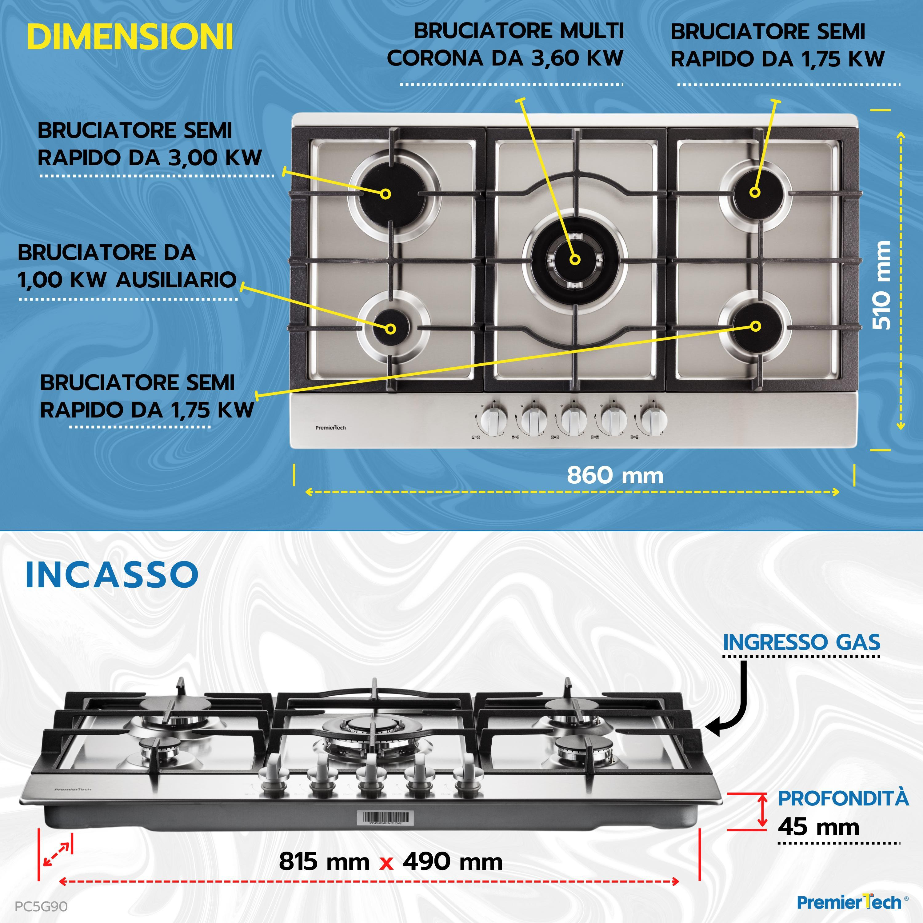 Un'illustrazione che mostra le dimensioni e le caratteristiche di un piano cottura a gas. Sono incluse etichette di testo e annotazioni.