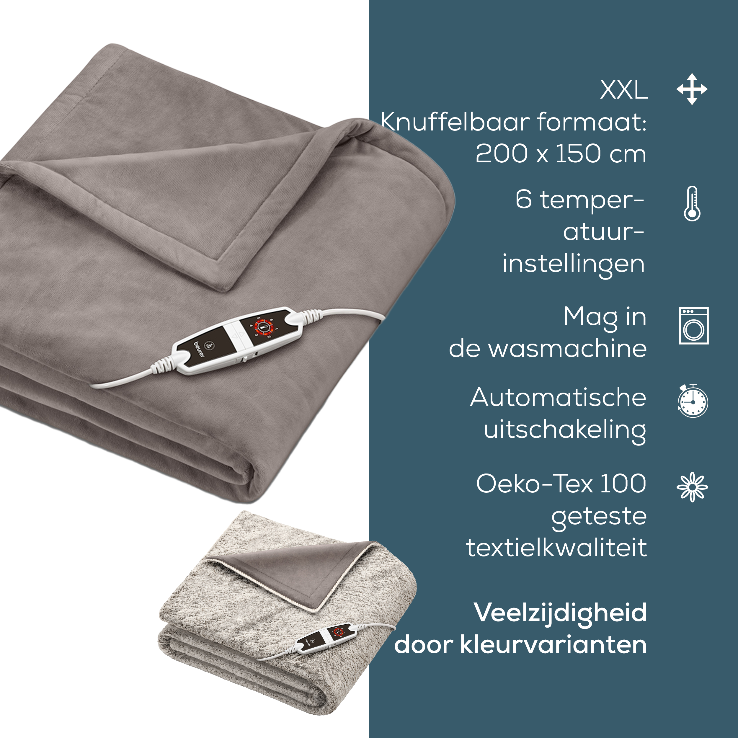 A gray, plush electric blanket with features descriptions. Text: 'Knuffelbaar formaat'.