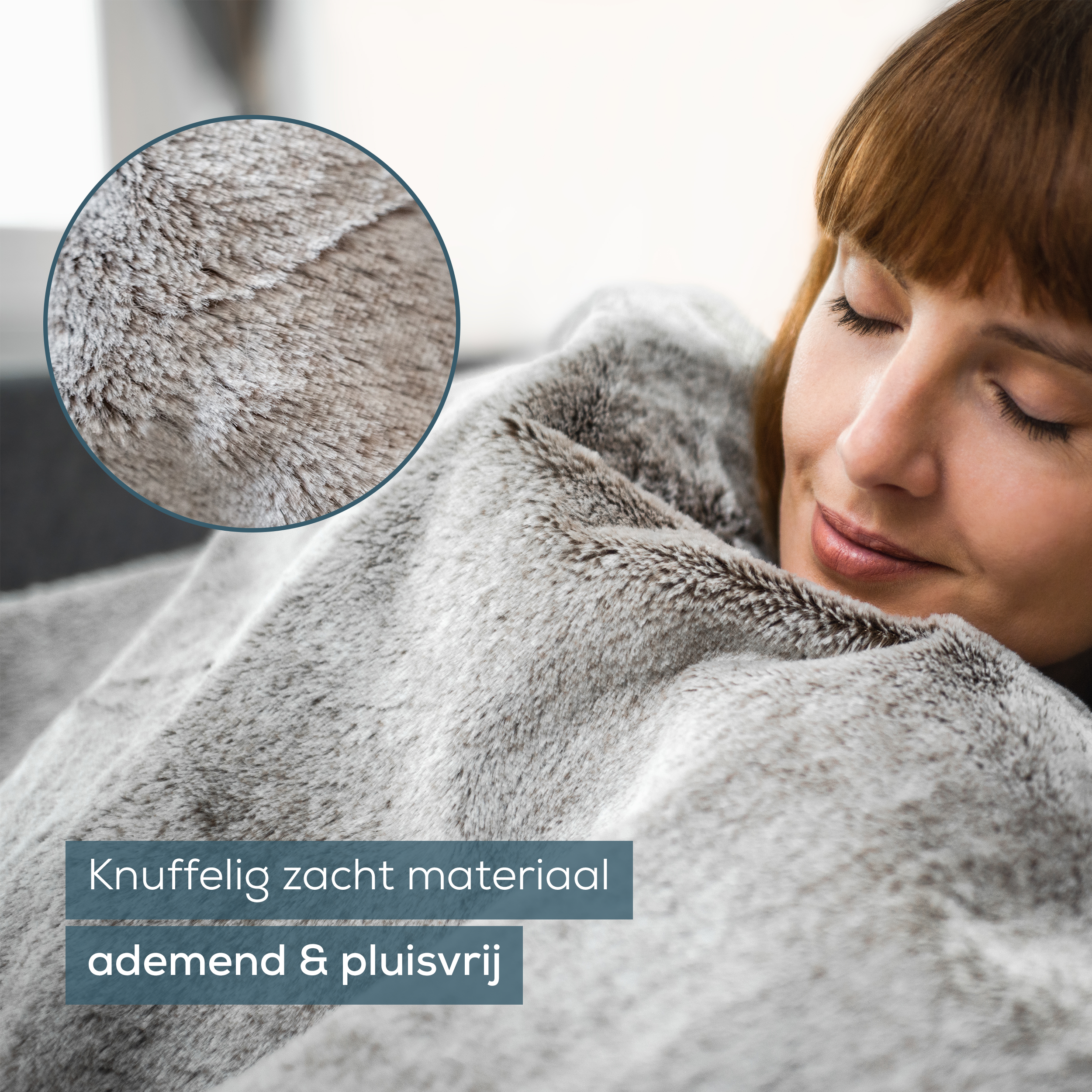 Woman wrapped in a grey fuzzy blanket, eyes closed. Text says soft and breathable material.