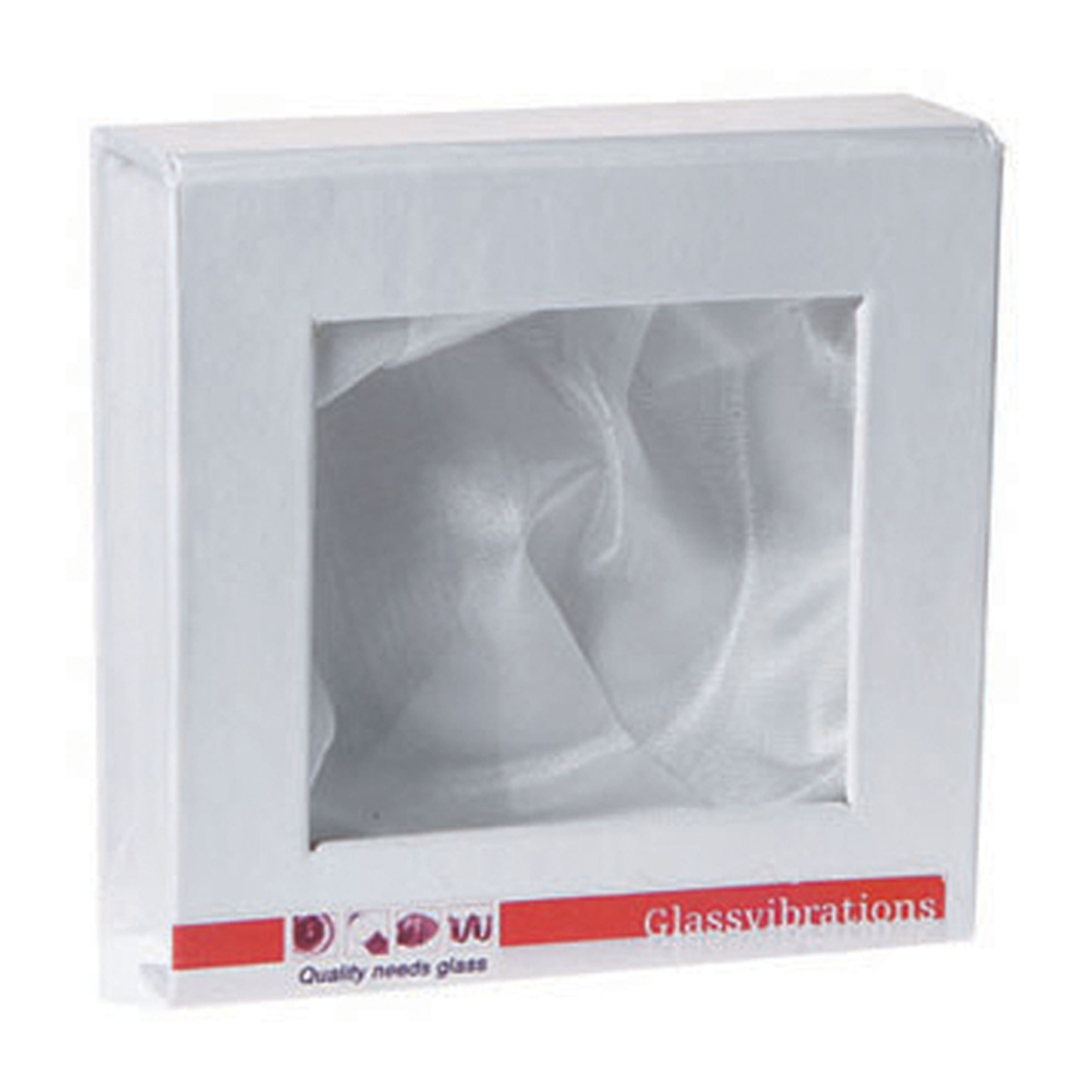 Weiße Box mit transparentem Fenster, welches weißen Stoff zeigt. Logo sichtbar.