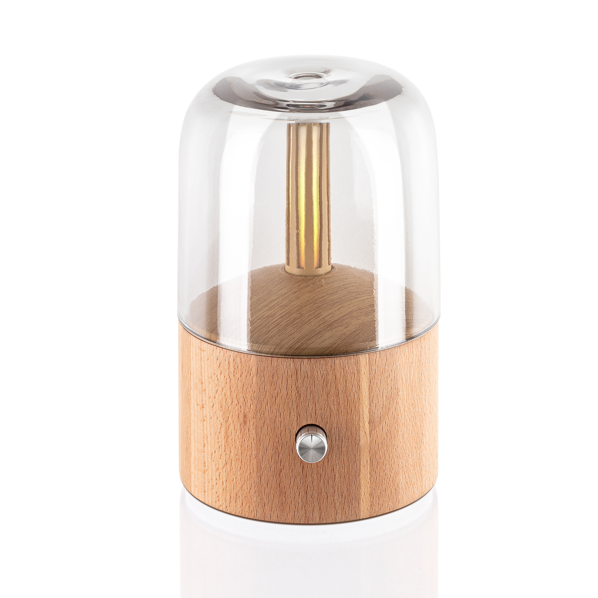 A glass and wood lamp. It has a gold tube and a wooden base with a silver button.