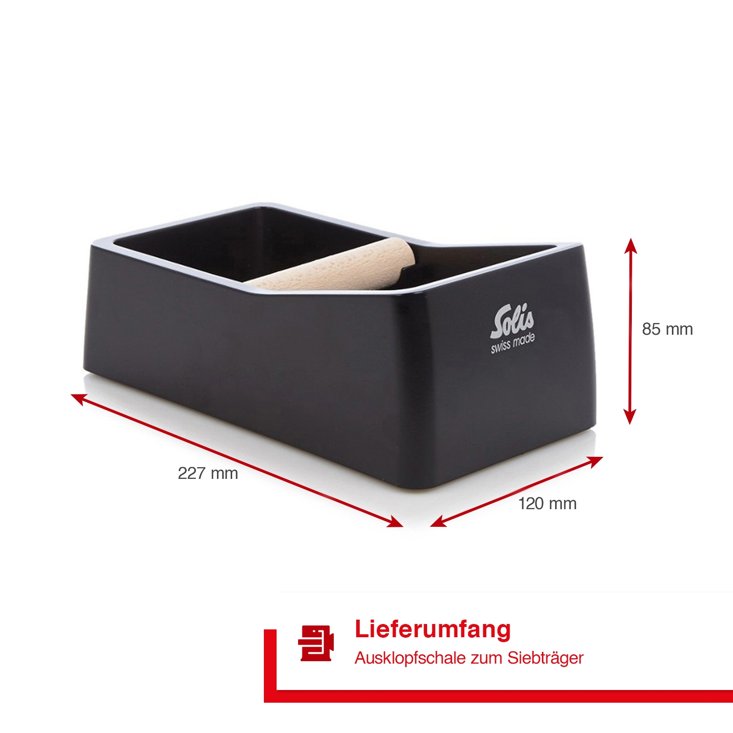 Schwarze Solis Kaffee-Knock-Box mit Holzstab und Abmessungen, auf Weiß.