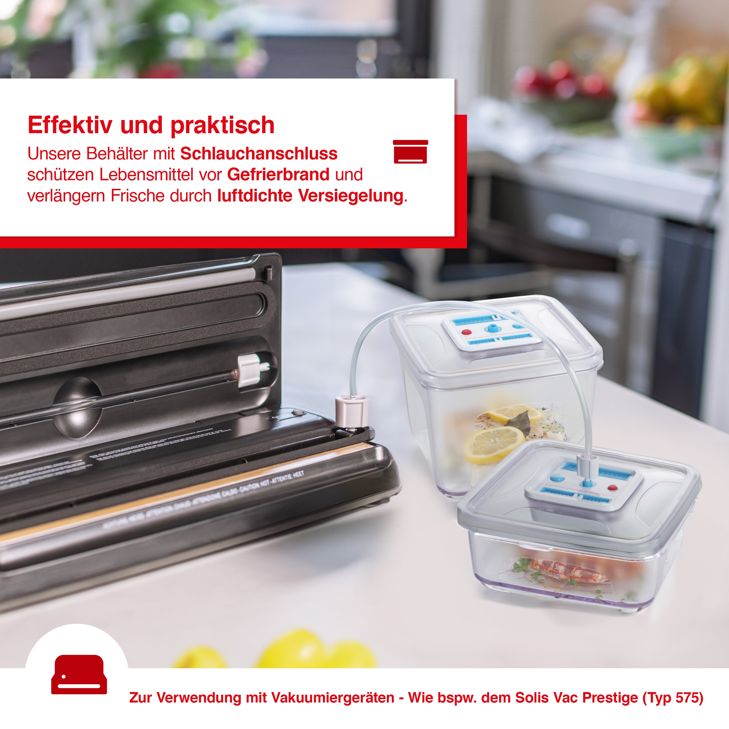 Vakuumiergerät, Behälter und deutscher Text. Lebensmittel sind in den Behältern.
