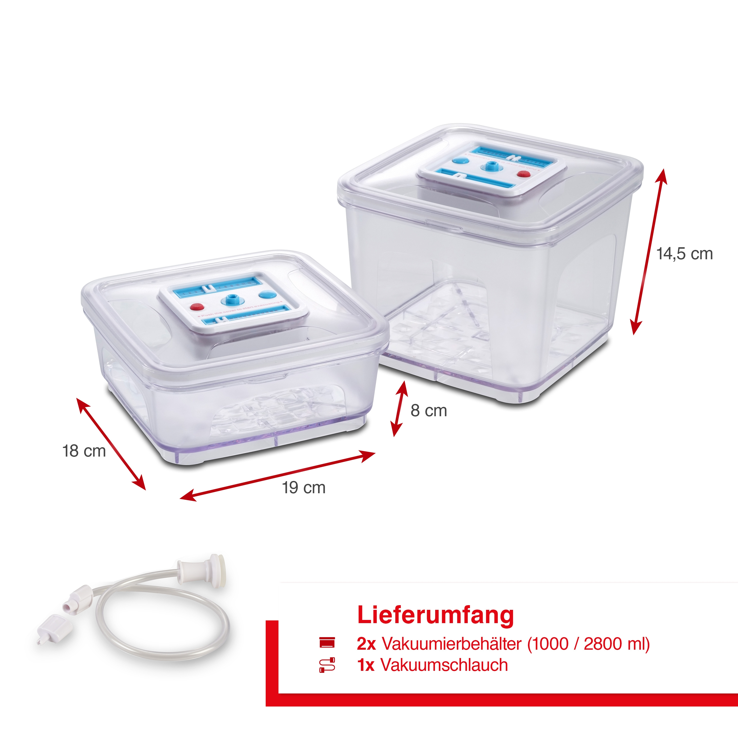 Zwei transparente quadratische Vakuumbehälter in verschiedenen Größen. Abmessungen und Zubehör werden ebenfalls gezeigt.