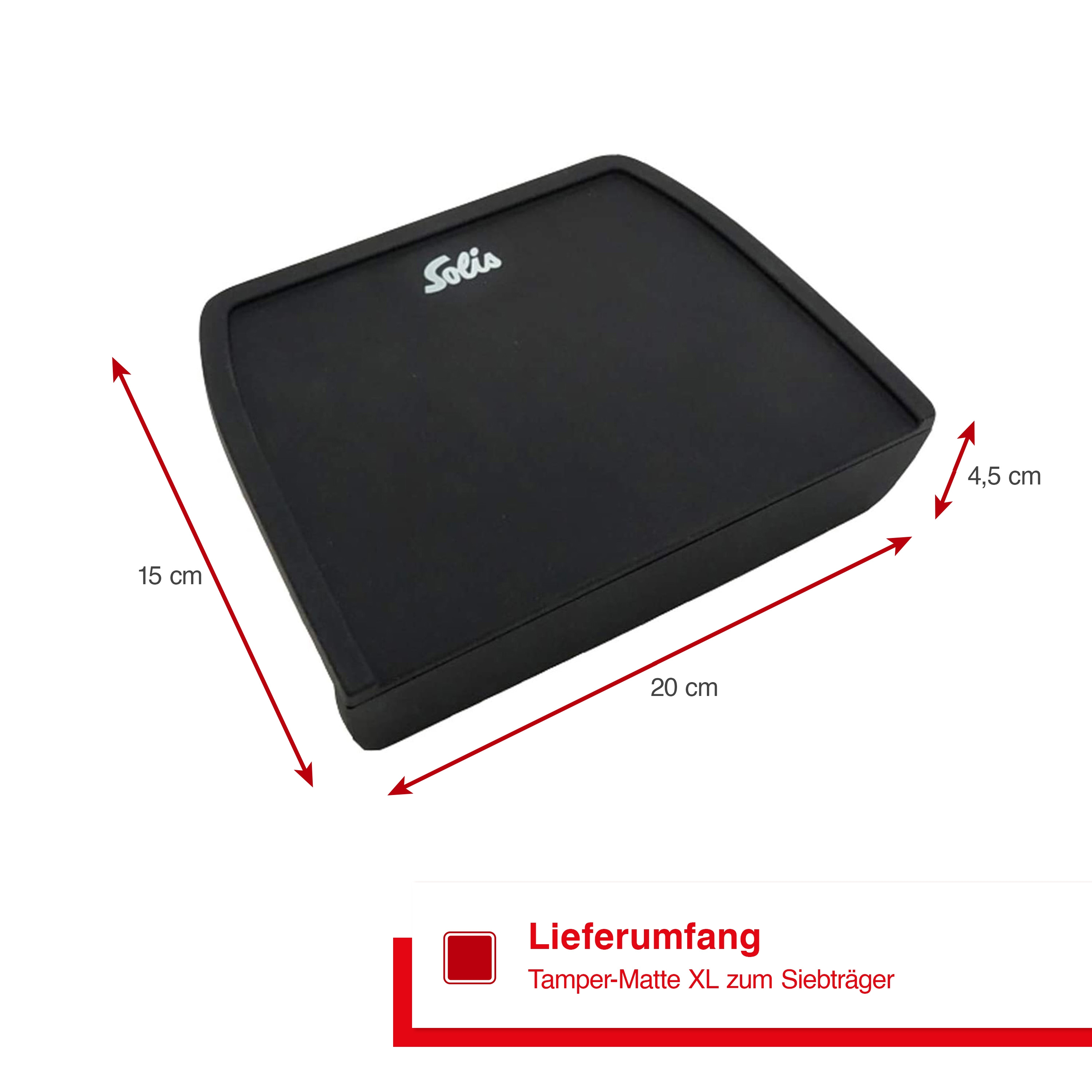Schwarze, quadratische Matte mit Solis-Logo und Größenangaben.