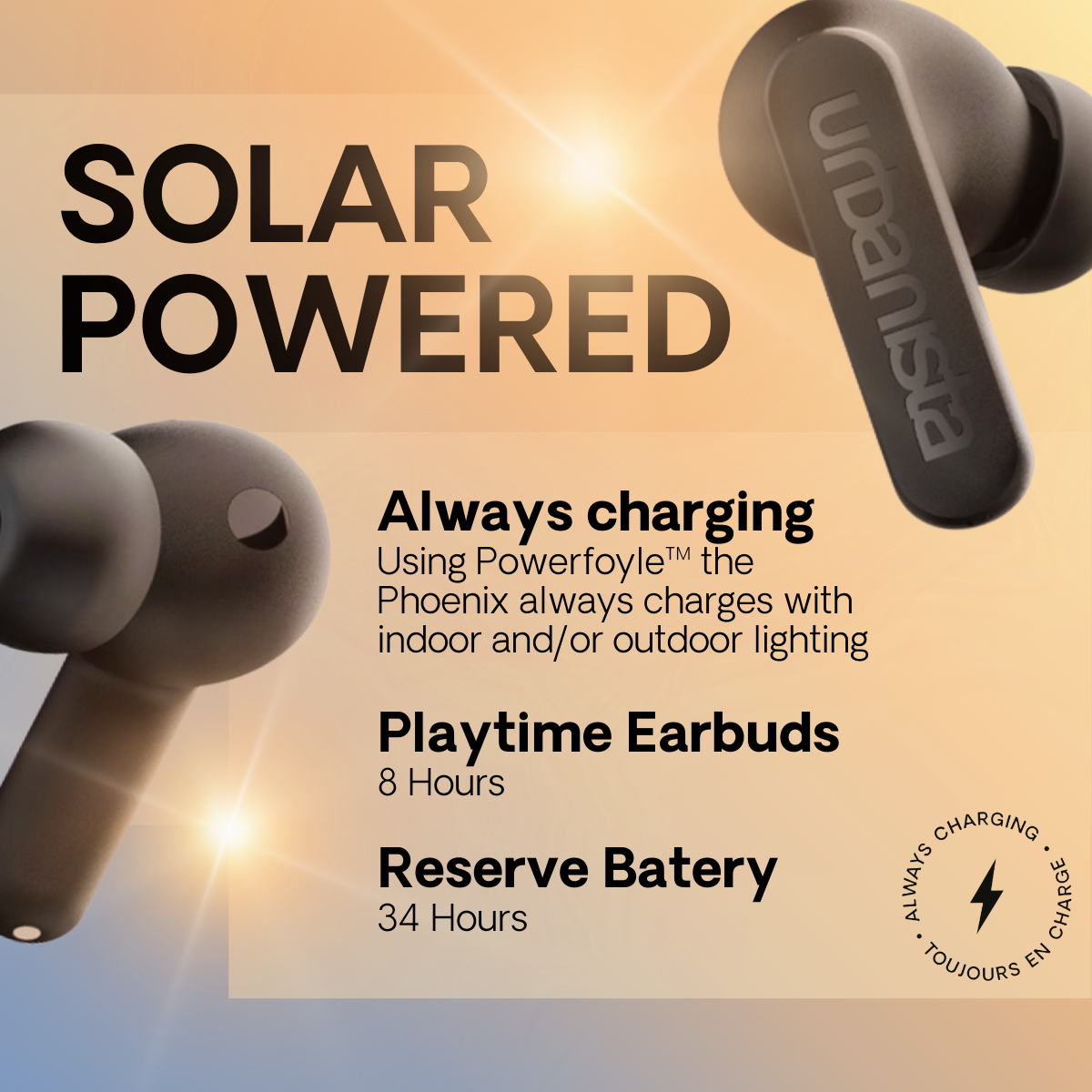 Obrazek przedstawia czarne słuchawki i tekst, który opisuje ich funkcje: zasilanie słoneczne, bateria itp.