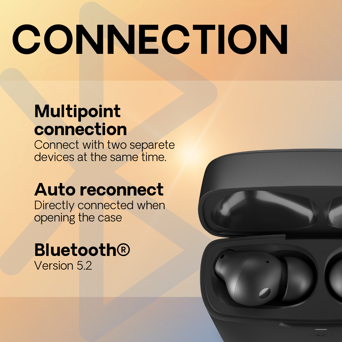 Bezprzewodowe czarne słuchawki douszne w etui. Tekst w tle opisuje funkcje połączenia.