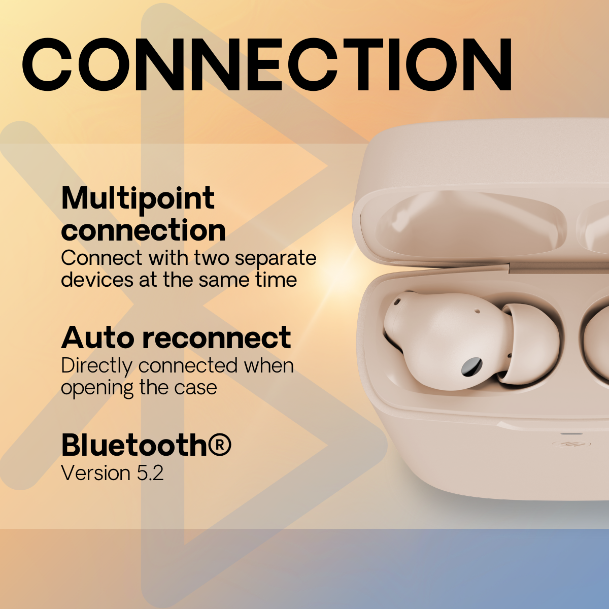 Białe słuchawki douszne w otwartym etui, z tekstem o połączeniu wielopunktowym, automatycznym ponownym połączeniu i Bluetooth.