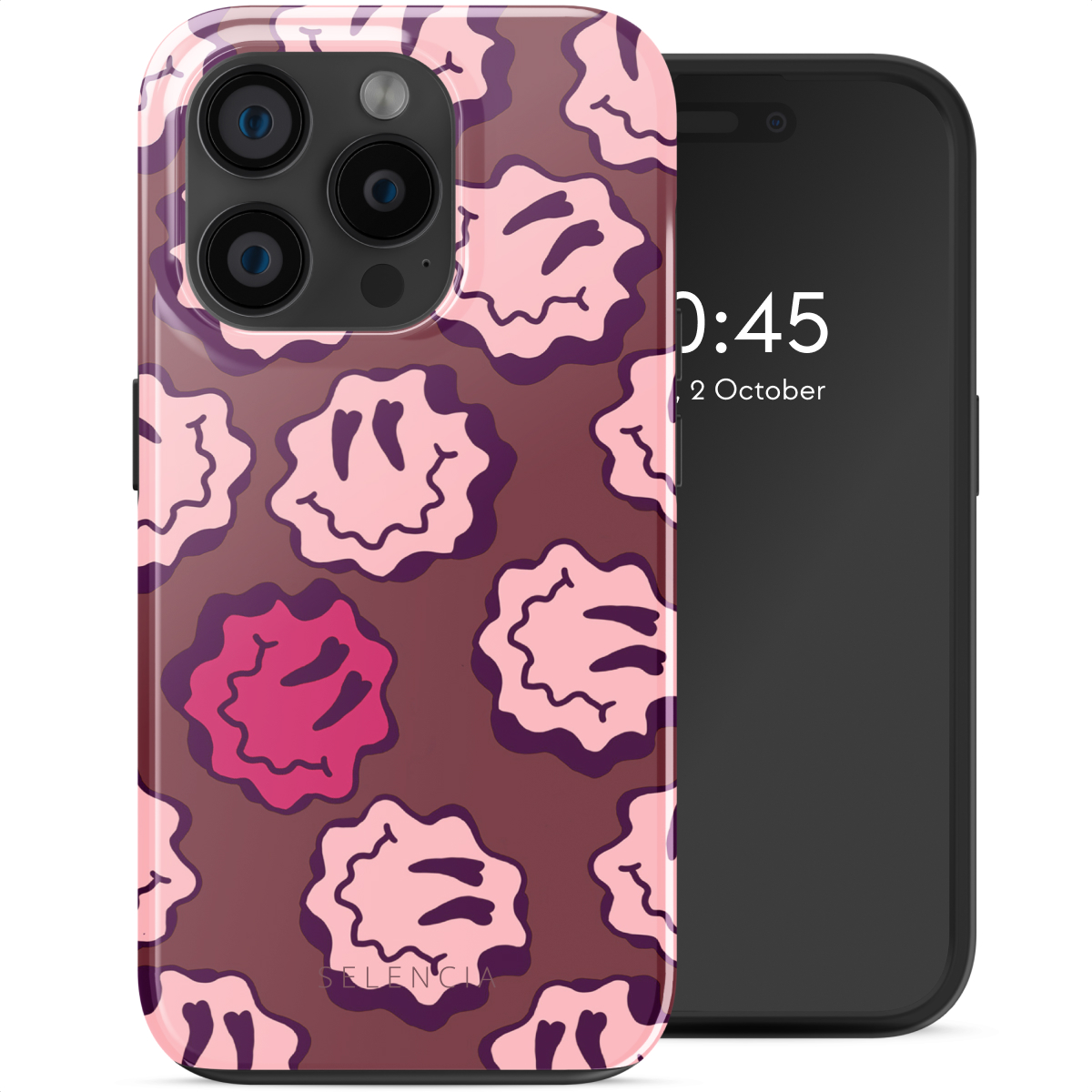 Un téléphone dans un étui avec un motif de smiley rose, avec une horloge sur l'écran.