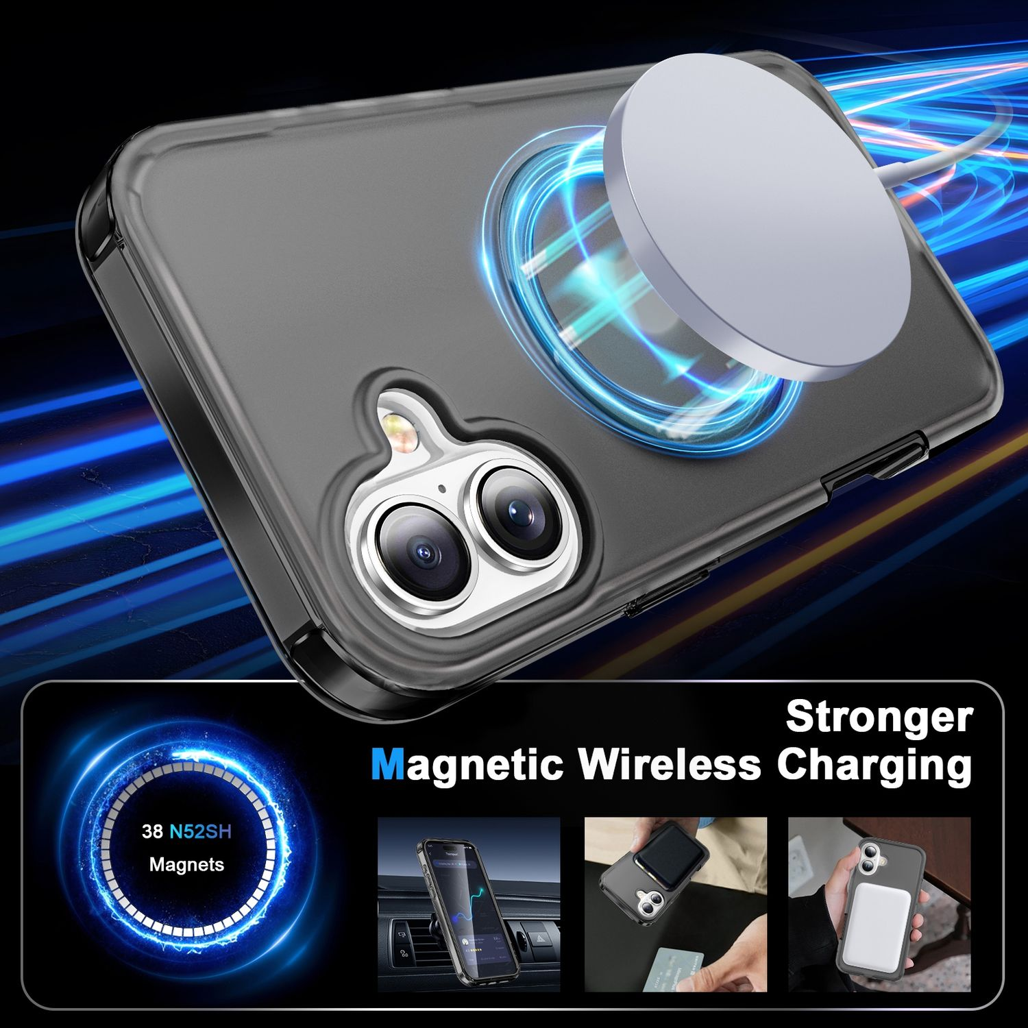 Handyhülle mit Telefon und kabellosem Ladegerät. Stärkeres magnetisches kabelloses Laden.
