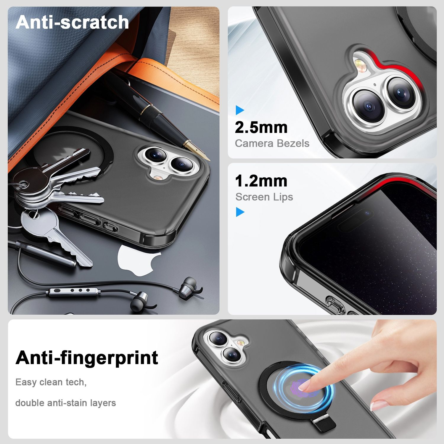 Eine Handyhülle mit Anti-Kratz- und Anti-Fingerabdruck-Funktionen. Schlüssel und Kopfhörer liegen daneben.
