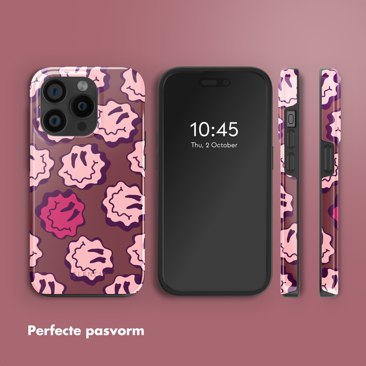 Téléphone avec étui, motif smiley. Affiche 10h45, jeudi 2 octobre.