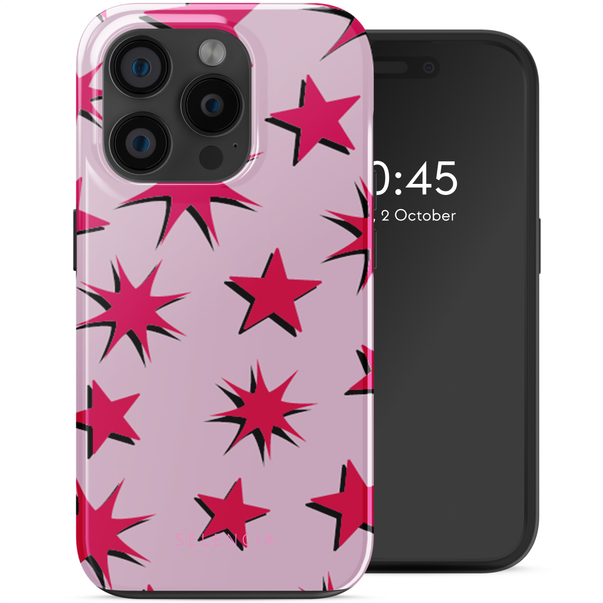 Coque de téléphone avec motif étoiles roses à côté d'un téléphone noir affichant l'heure et la date.