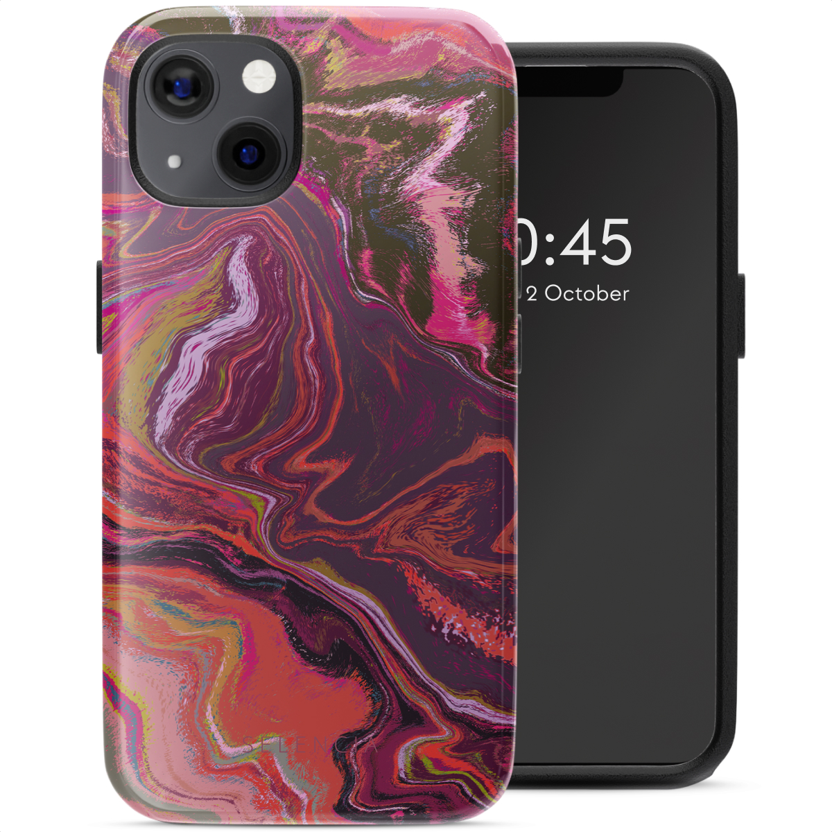 Un téléphone dans un étui avec un motif de marbre coloré. Le téléphone affiche l'heure : 0:45, 2 octobre.