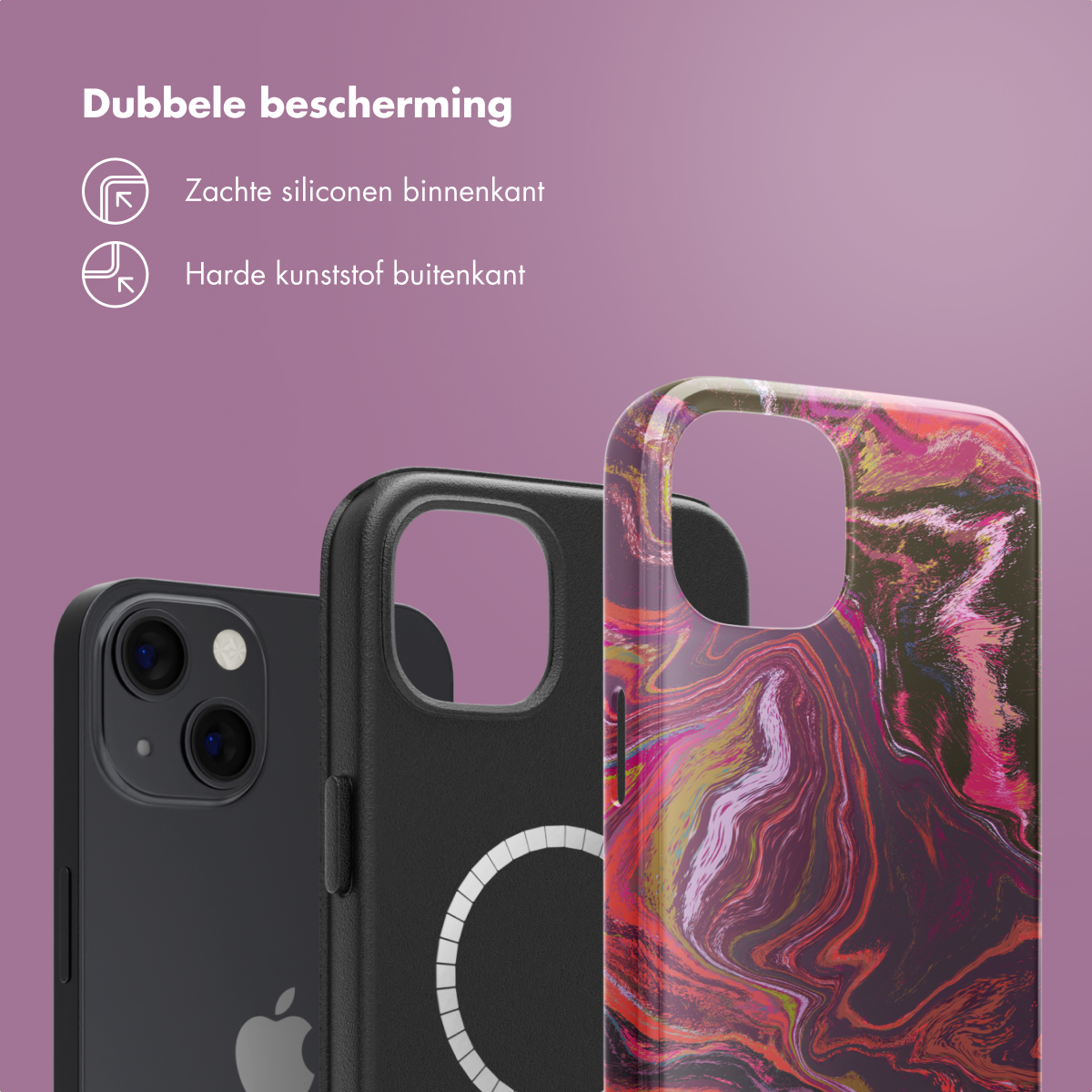 Trois coques de téléphone. Deux téléphones sont montrés, un avec la coque. Les coques sont noires et colorées.