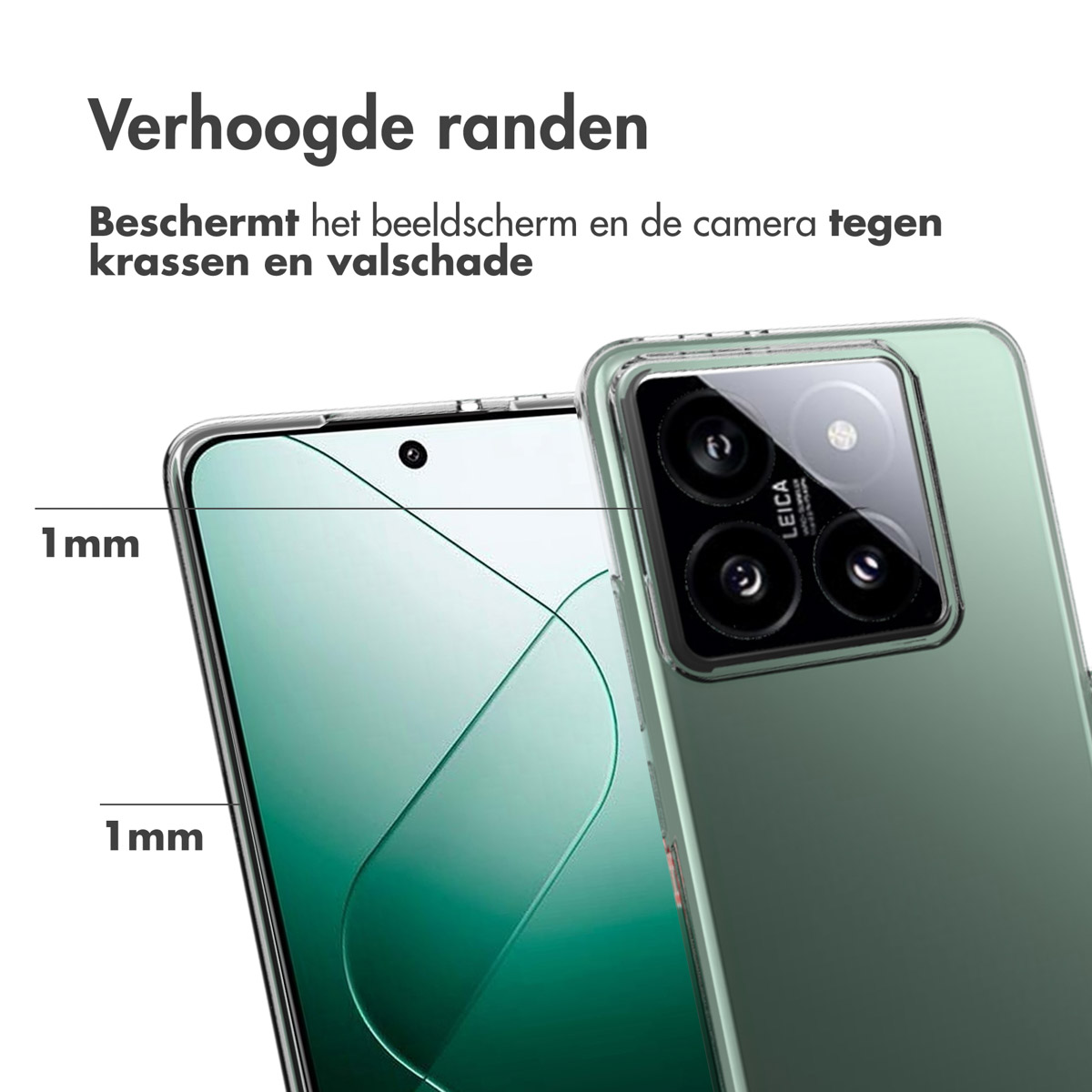 Een telefoon met een screenprotector aangebracht, met de rand en het camera-gebied. Tekstoverlays.