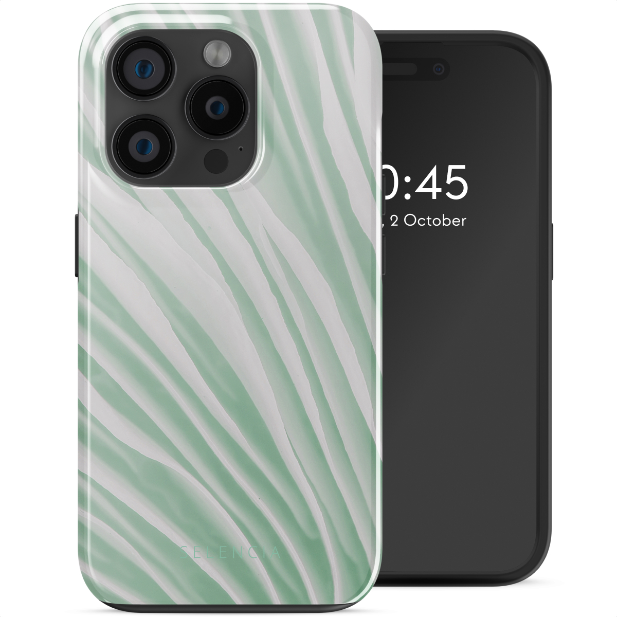 Coque de téléphone vert menthe sur un téléphone noir, affichant l'heure et la date.