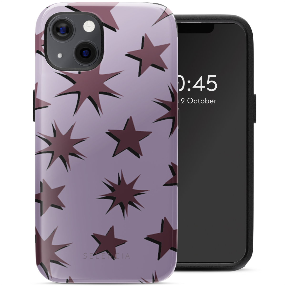 Une coque de téléphone avec un motif d'étoiles. Le téléphone affiche l'heure et la date. La coque est violette.