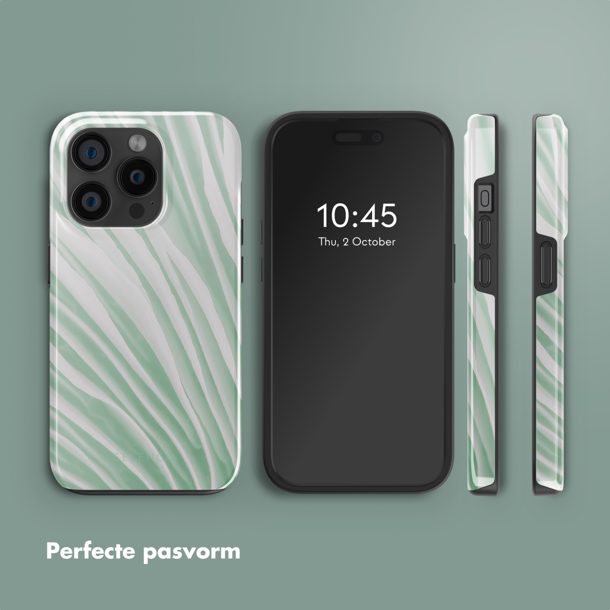 Un téléphone dans un étui à motifs. Le téléphone est noir. Le texte dit : Ajustement parfait.