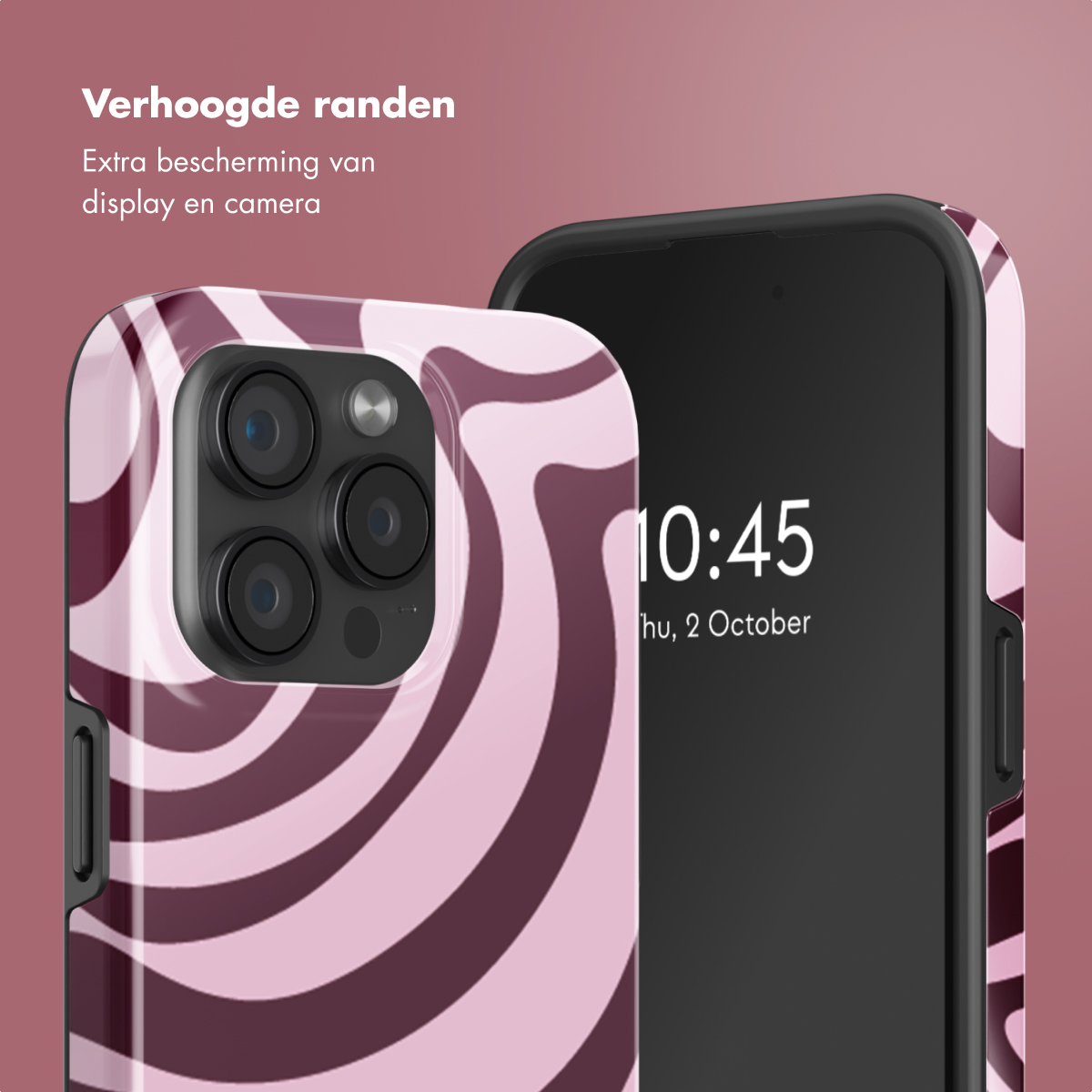 Coque de téléphone sur un téléphone avec un motif tourbillonnant rose et marron. Le téléphone affiche 10:45, 2 octobre.