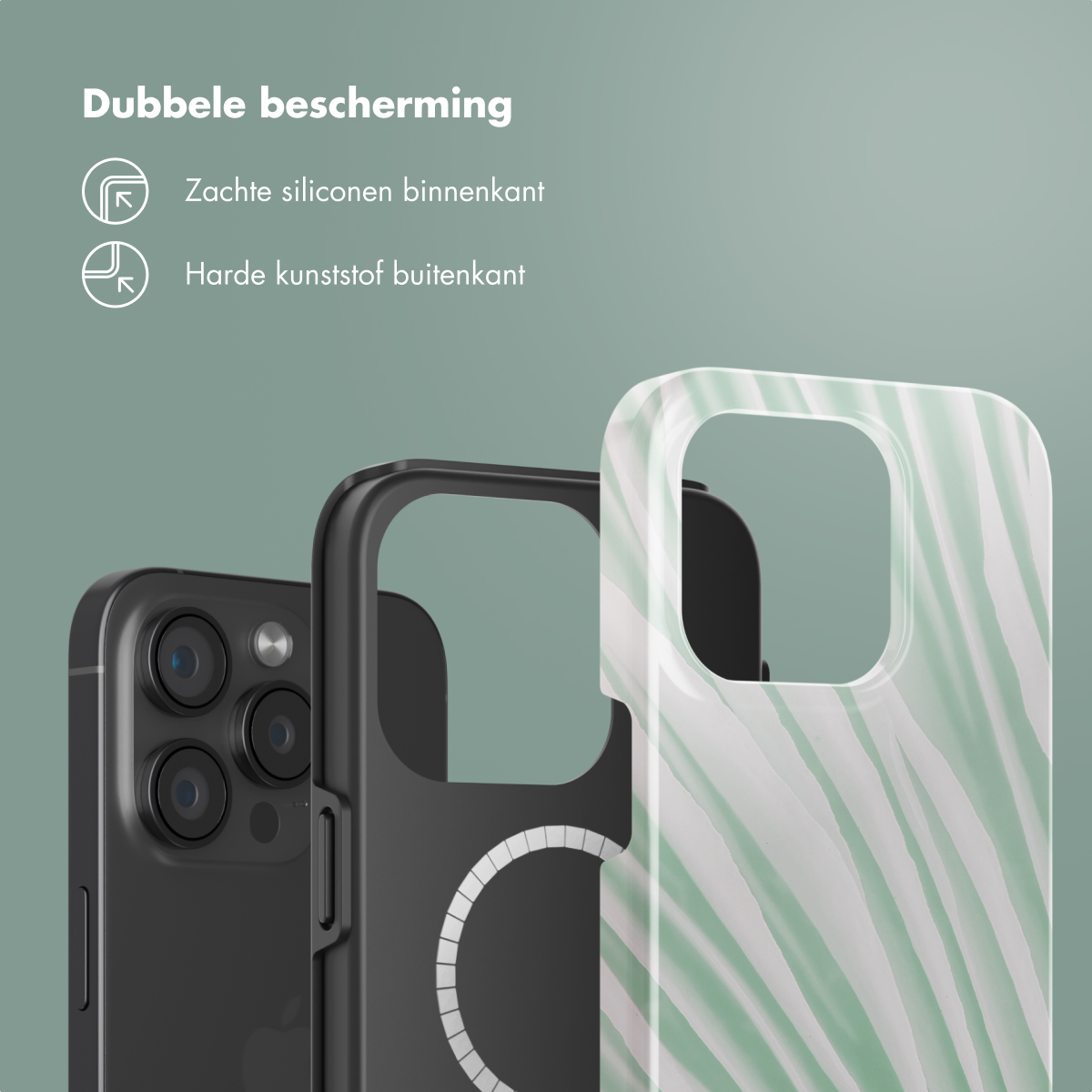 Un étui de téléphone. Il a un intérieur noir, une couche extérieure blanche et verte et une coque de protection transparente.