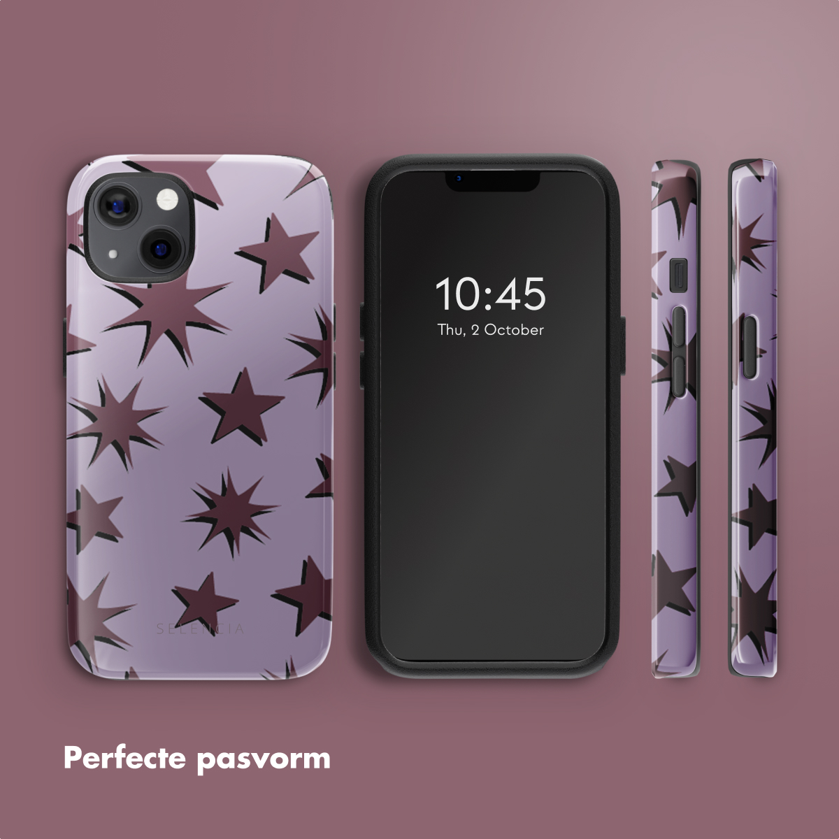 Téléphone avec étui à motifs d'étoiles dans différentes vues : avant, arrière et côté, sur fond violet.