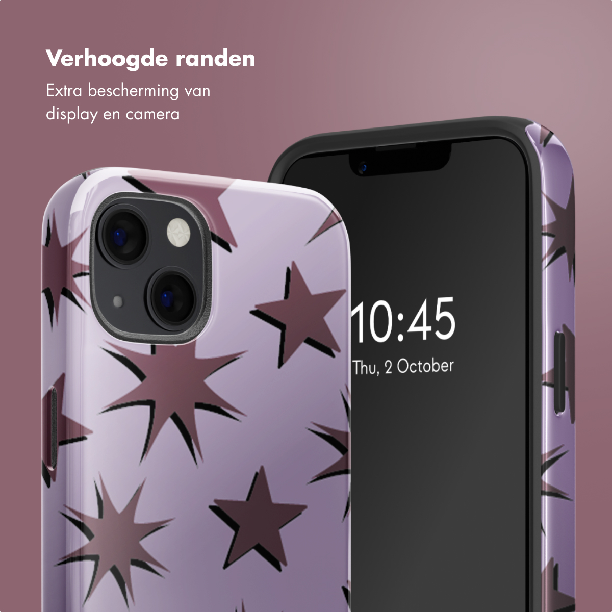 Deux téléphones, un avec une coque étoilée, l'autre affiche l'heure. Fond violet-bordeaux.