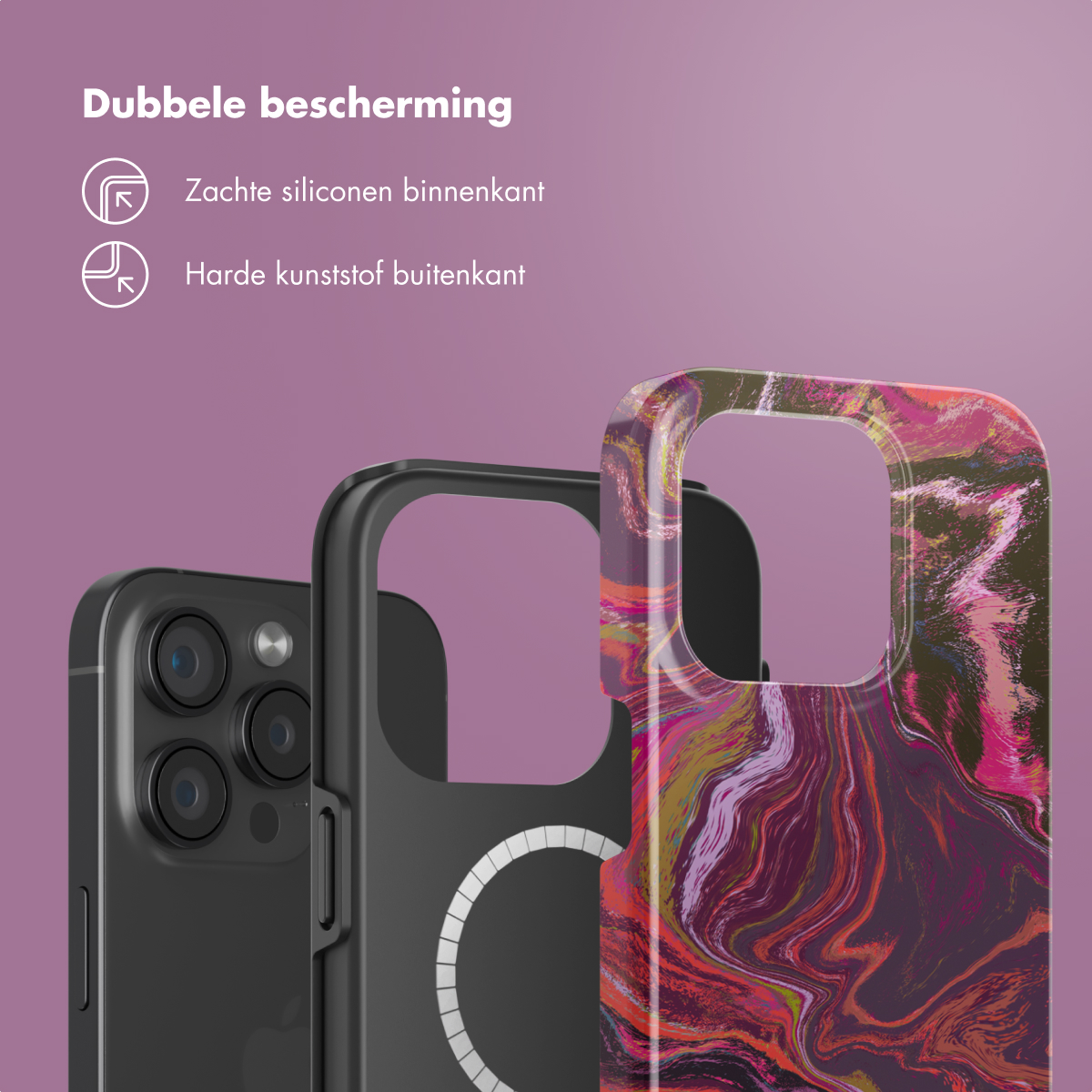 Coque de téléphone avec cadre noir et dos à motifs, à côté d'un téléphone.