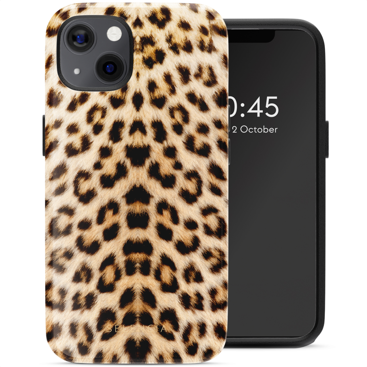 Coque d'iPhone avec un motif léopard. Le téléphone affiche l'heure et la date.