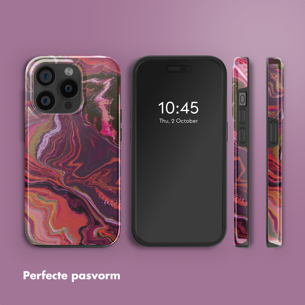 Un téléphone avec un étui coloré, et d'autres vues, sur un fond violet.