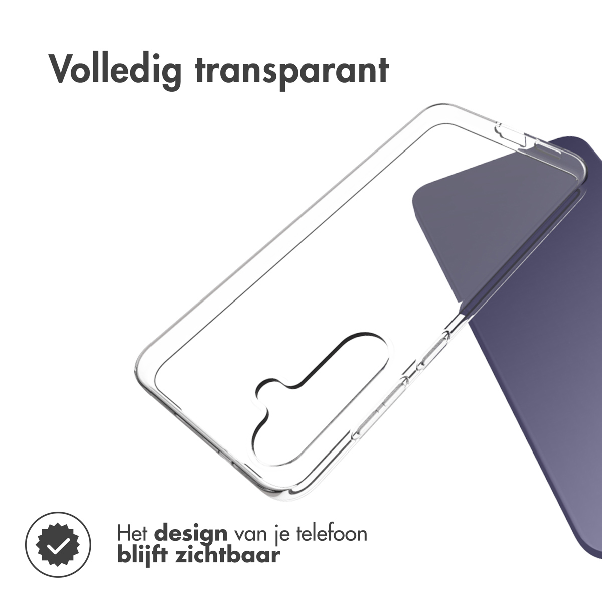 Custodia trasparente per telefono su sfondo viola con testo bianco.