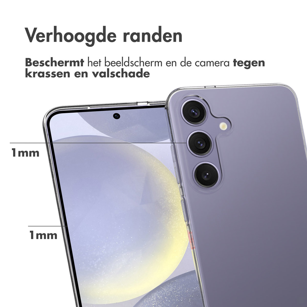 Coque de téléphone avec bords surélevés. Texte : protège l'écran et l'appareil photo contre les rayures et les dommages.