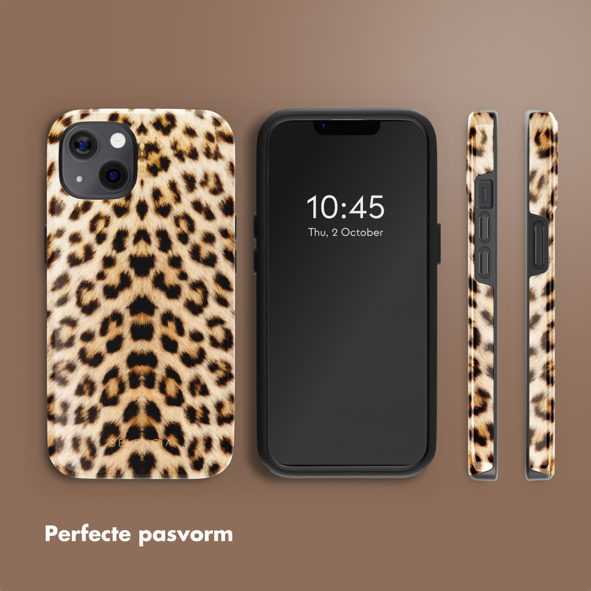 Téléphone avec coque léopard, trois vues. Téléphone noir avec motif léopard.