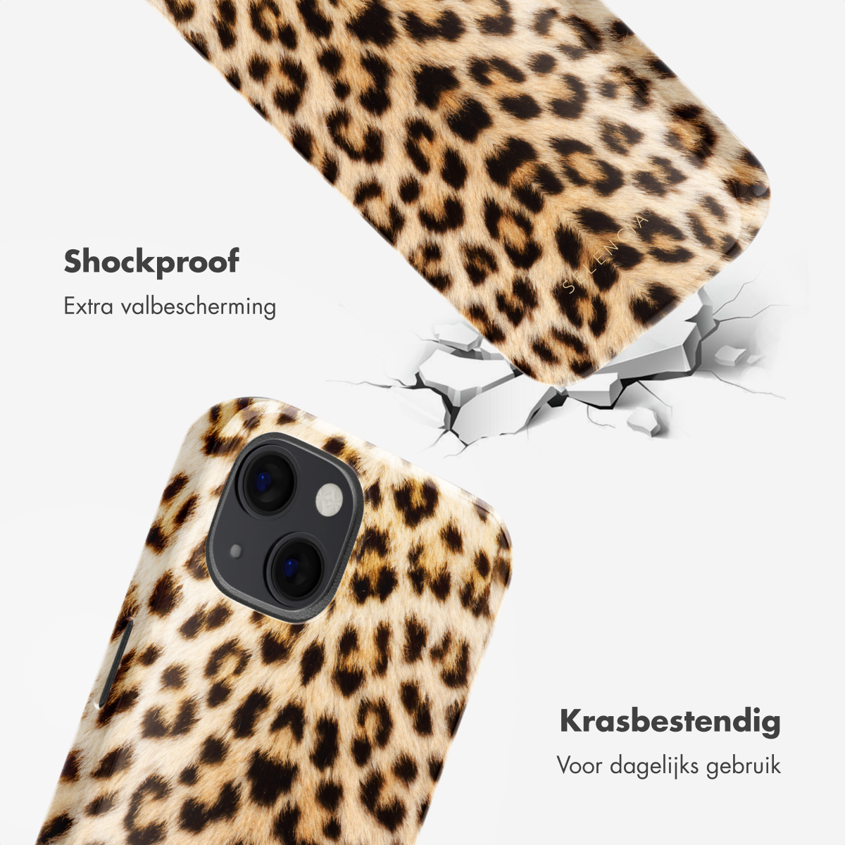 Coque de téléphone à imprimé léopard. La coque est sur une surface blanche. Texte : Antichoc, Protection contre les chutes.