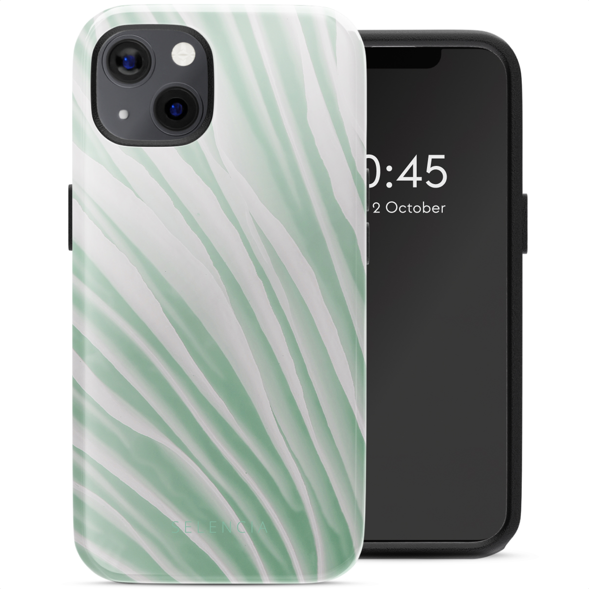 Un téléphone avec une coque. La coque a un design de vagues blanches et vertes. Le téléphone a un écran noir.