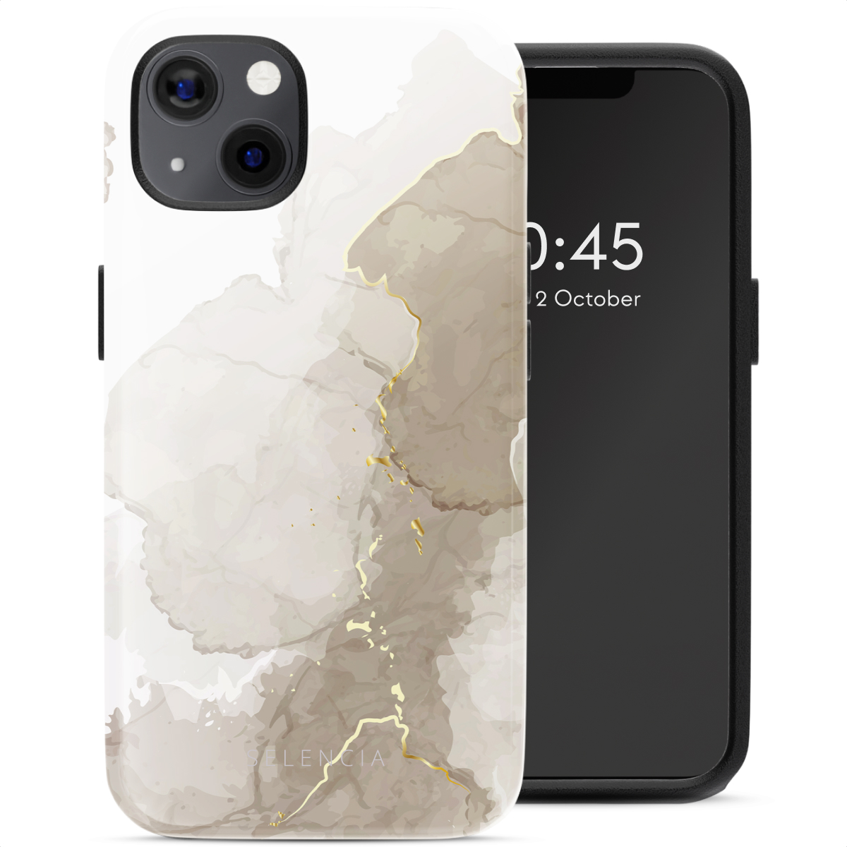 Une coque de téléphone avec un motif abstrait blanc, marron et or, avec un téléphone noir.