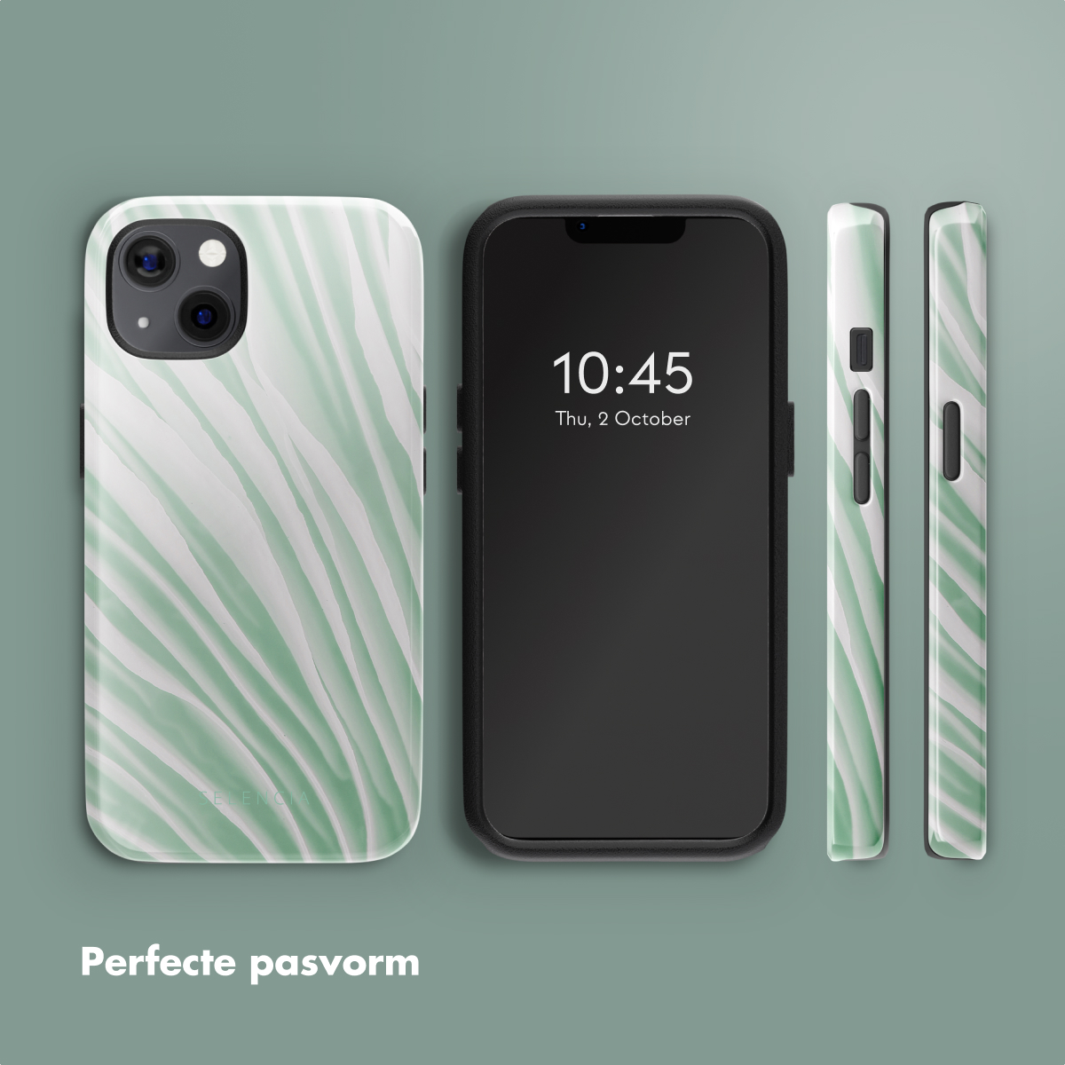 Coque de téléphone avec un motif vert et blanc. Un téléphone est à l'intérieur. Autres parties.