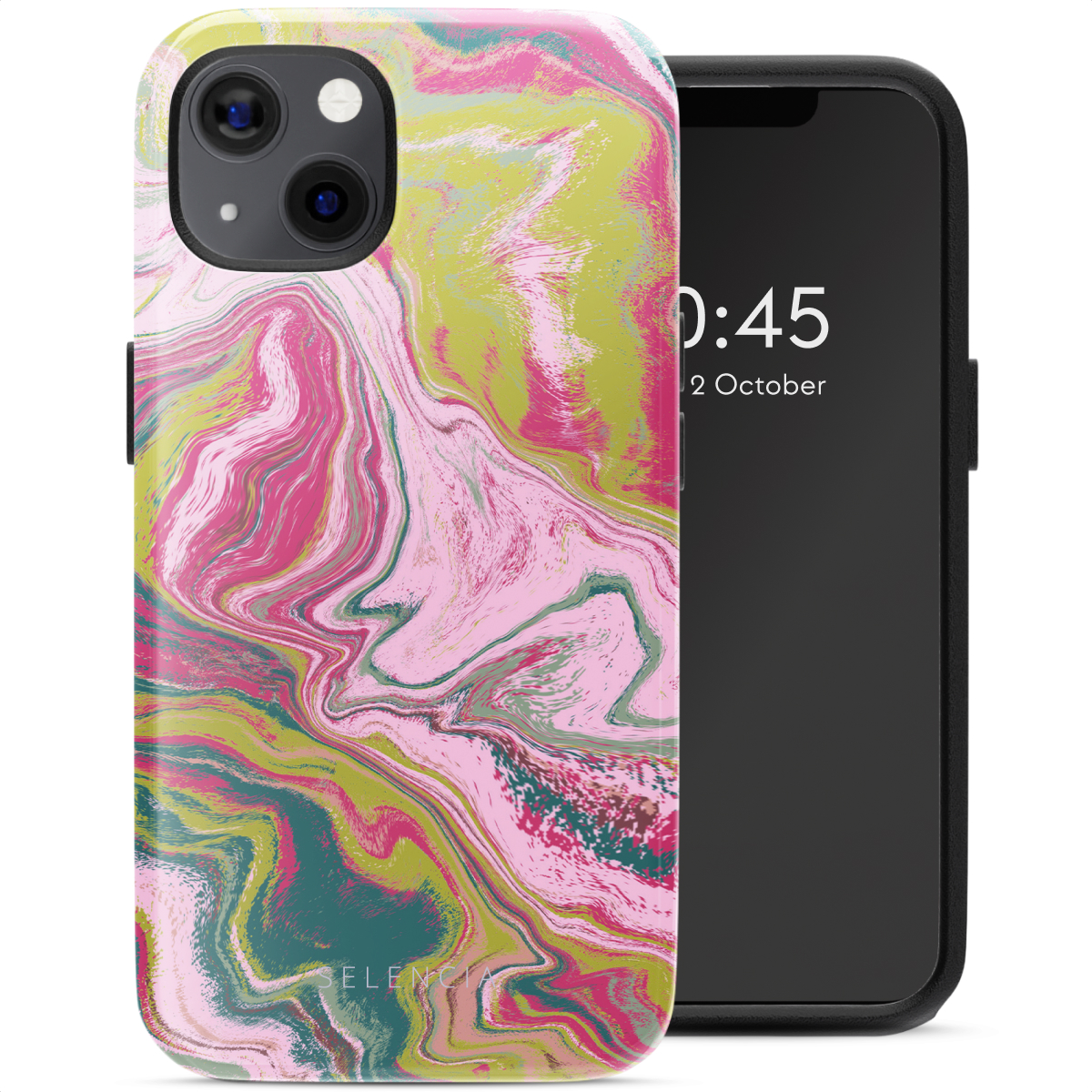 Coque de téléphone avec un motif tourbillon rose, jaune et vert. Le téléphone à droite affiche l'heure.
