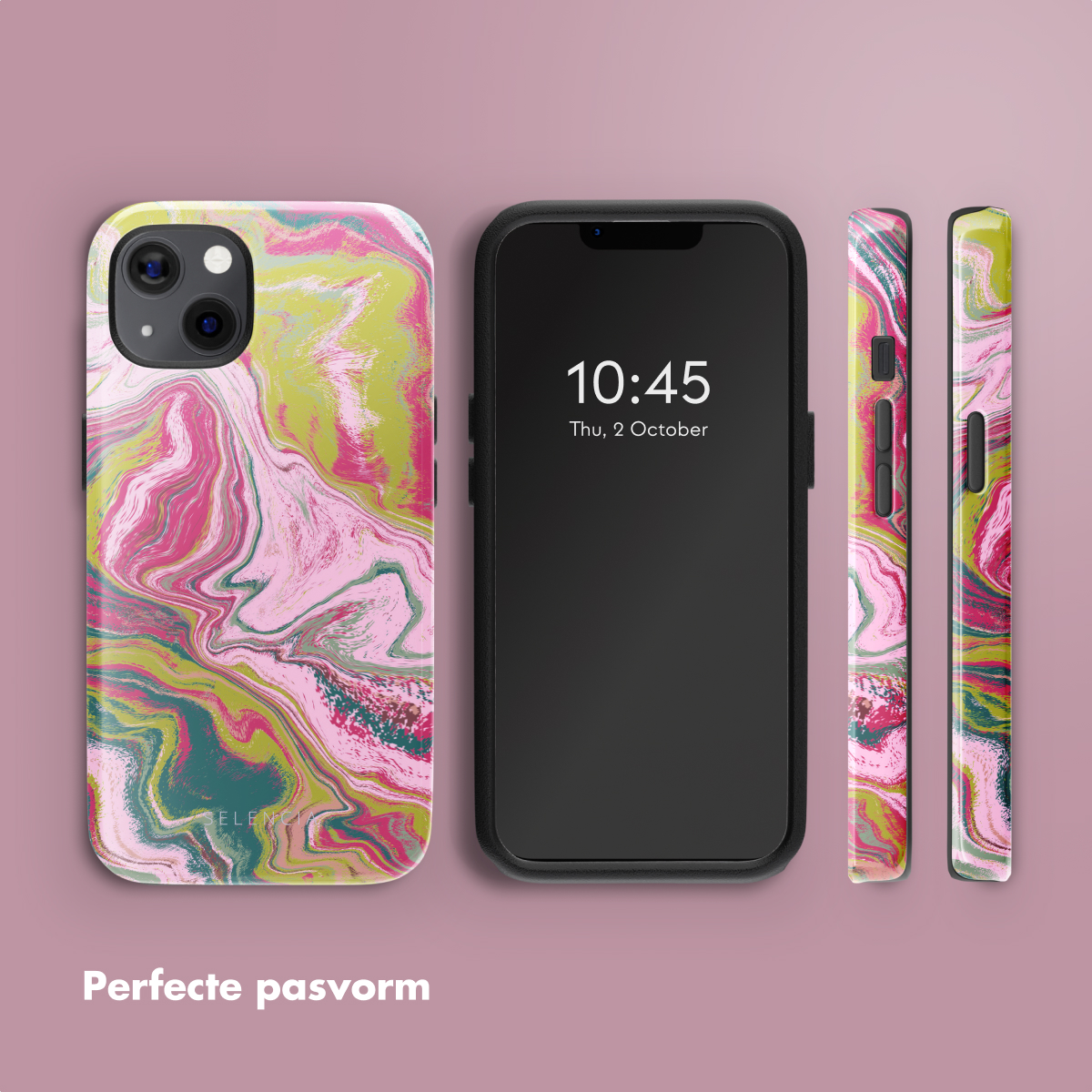 Téléphone avec étui imprimé. Un fond rose. Deux autres vues du téléphone avec étui.