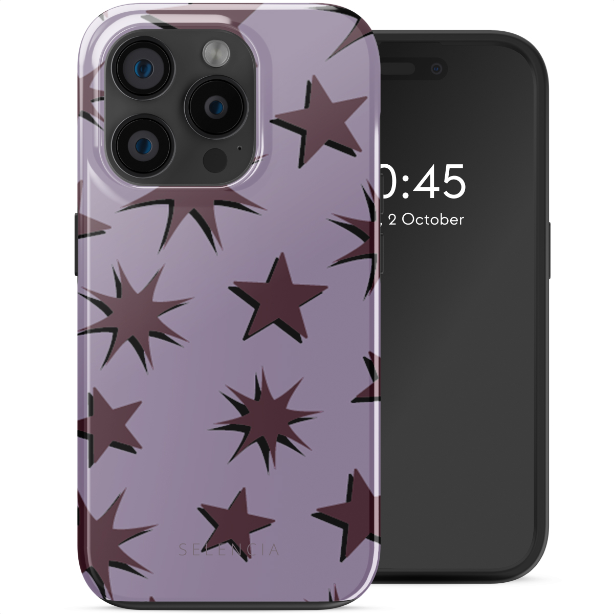 Téléphone avec étui à motifs d'étoiles. Le téléphone affiche l'heure. L'étui est violet avec des étoiles rouge foncé.