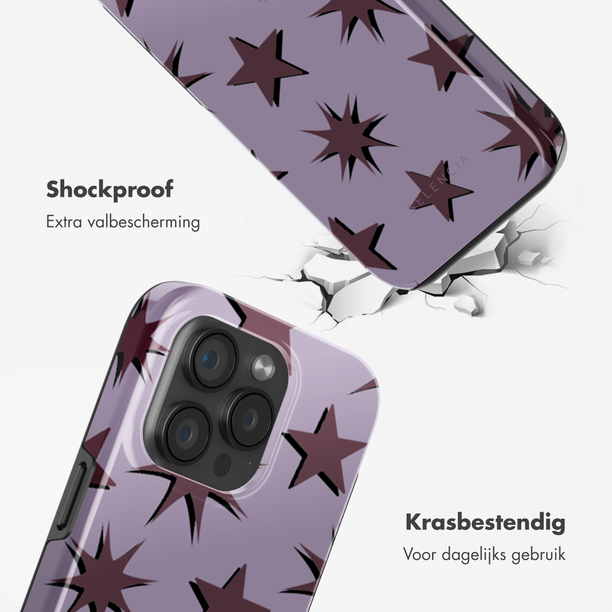 Coque de téléphone avec motif étoiles, montre les caractéristiques antichoc et anti-rayures.