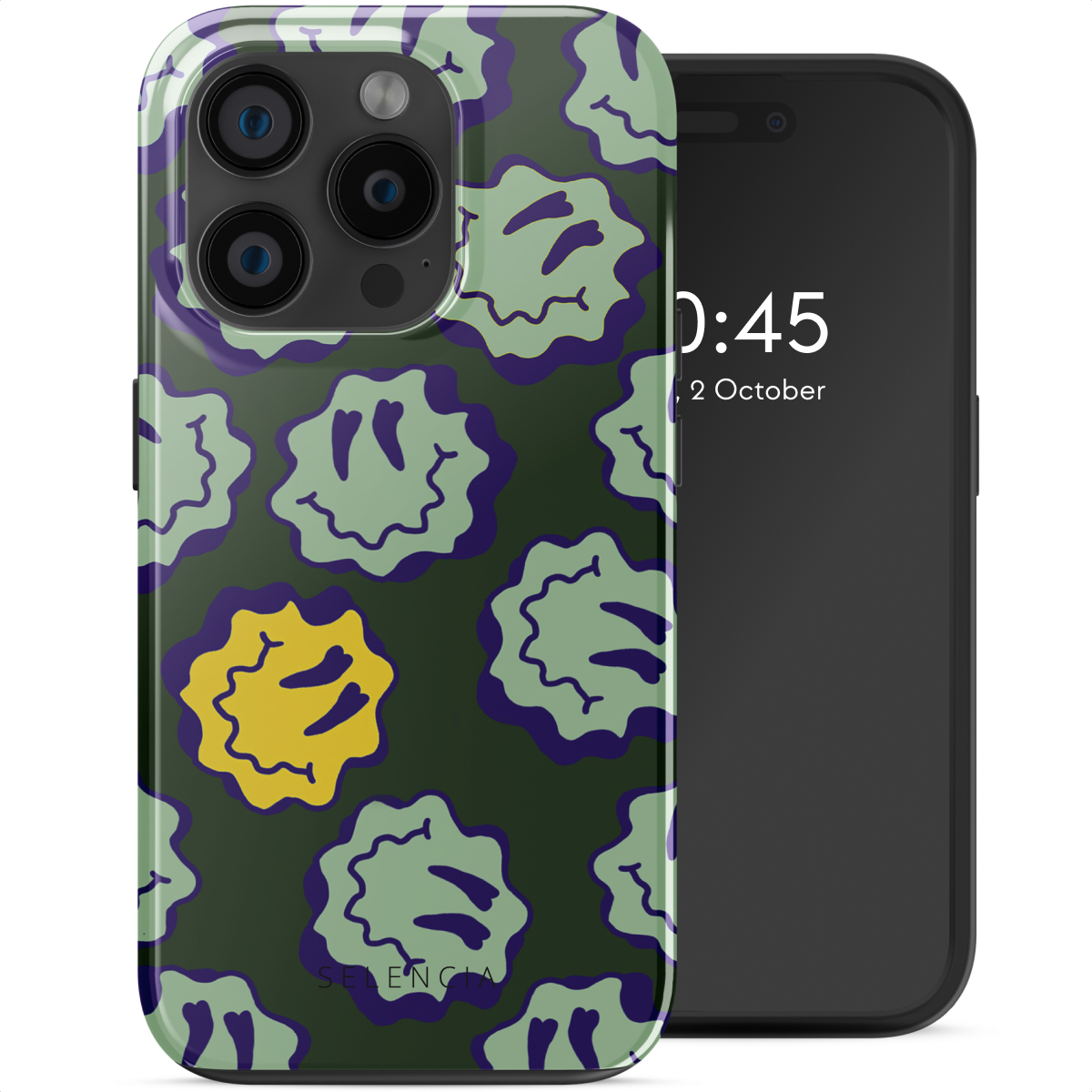 Une coque de téléphone avec un fond vert et des motifs de visages souriants et un téléphone.