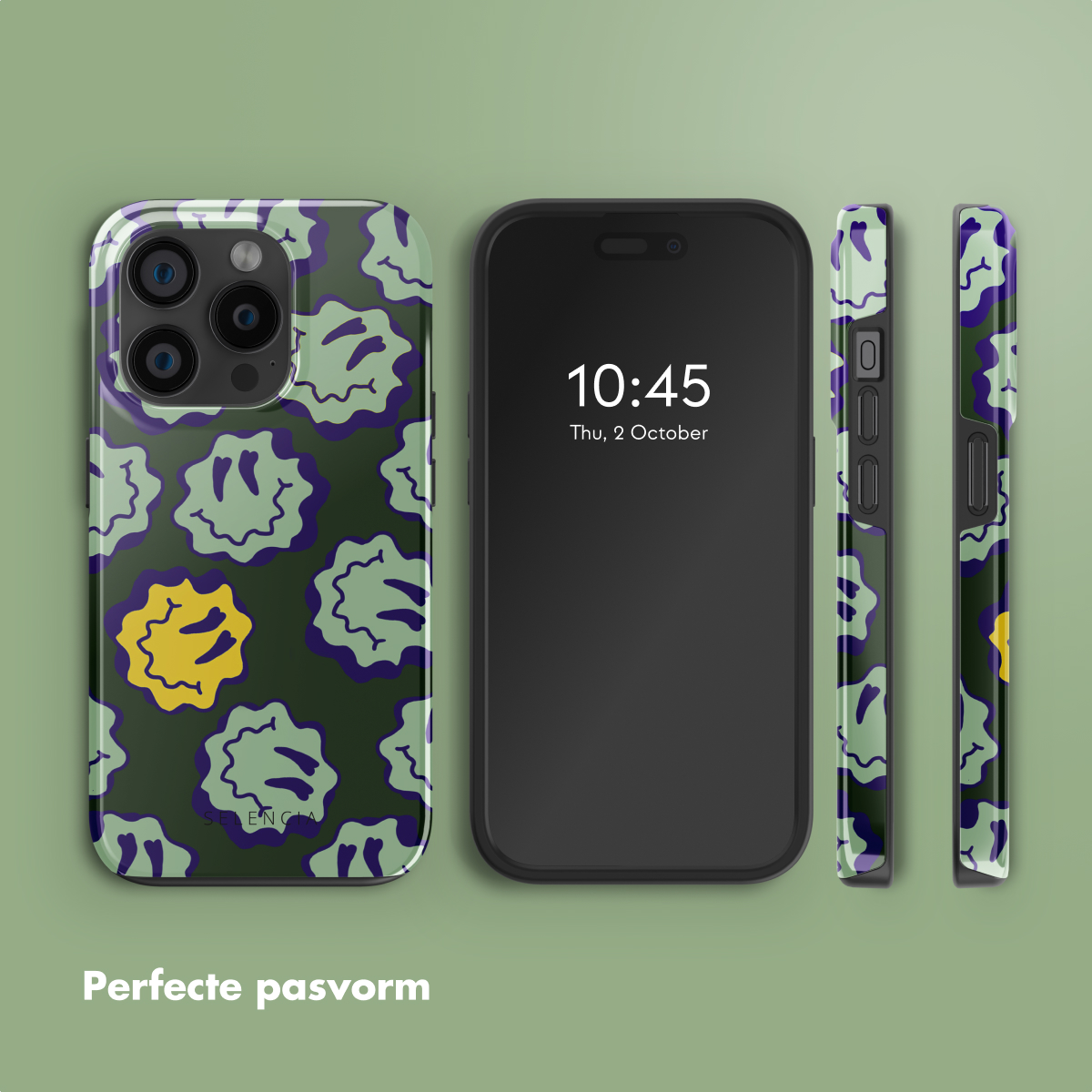 Coque de téléphone avec un design. Le téléphone affiche l'heure : 10:45, Jeu, 2 octobre. La coque a des smileys.