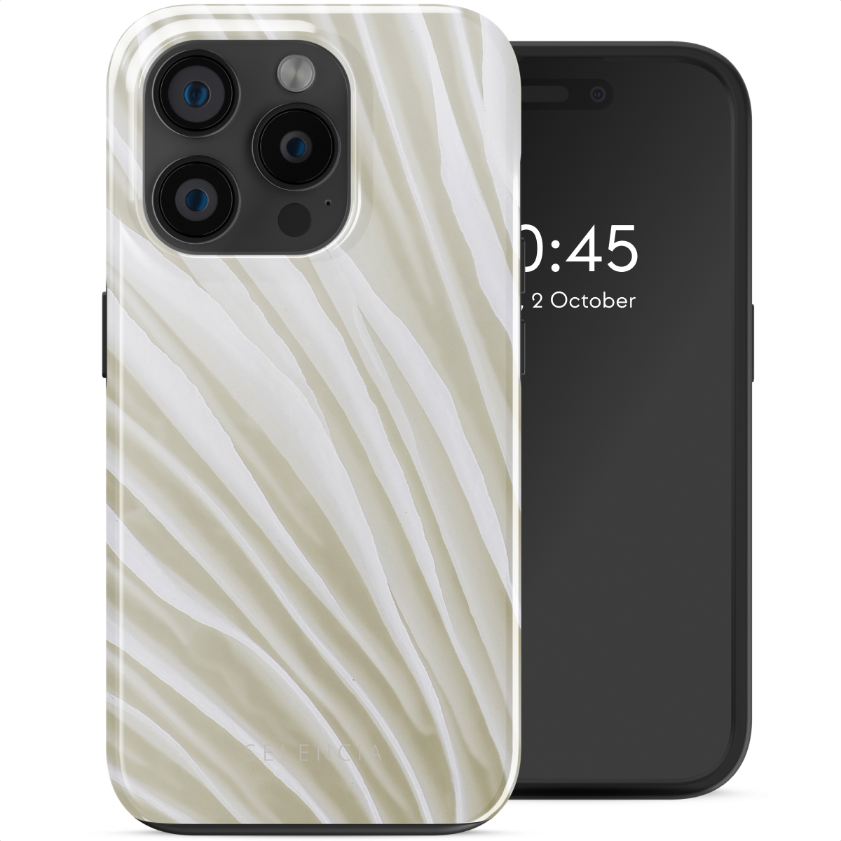 Un téléphone dans un étui crème à côté d'un téléphone affichant l'heure. L'étui a un motif ondulé. 10:45, 2 octobre.